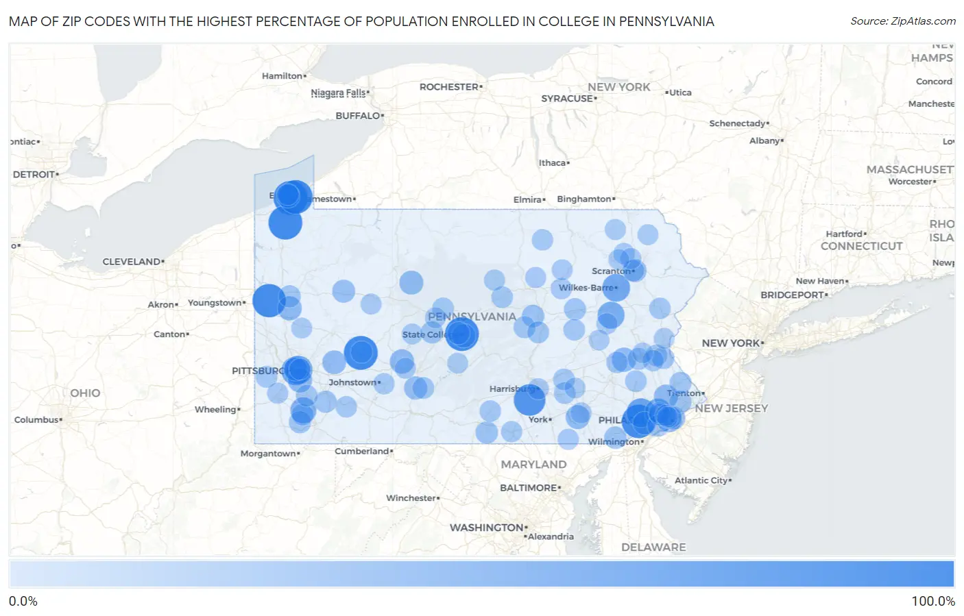 Zip Codes with the Highest Percentage of Population Enrolled in College in Pennsylvania Map