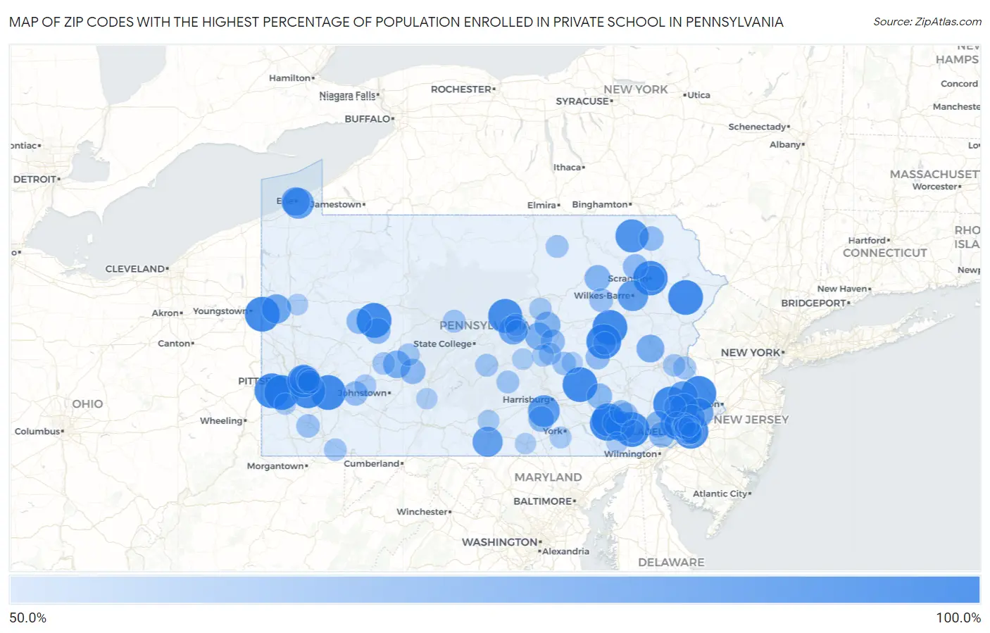 Zip Codes with the Highest Percentage of Population Enrolled in Private School in Pennsylvania Map