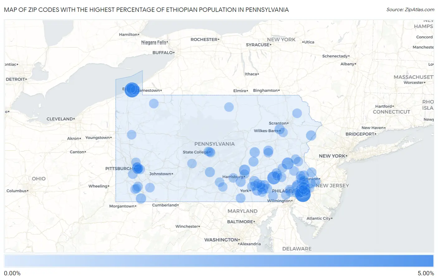 Zip Codes with the Highest Percentage of Ethiopian Population in Pennsylvania Map