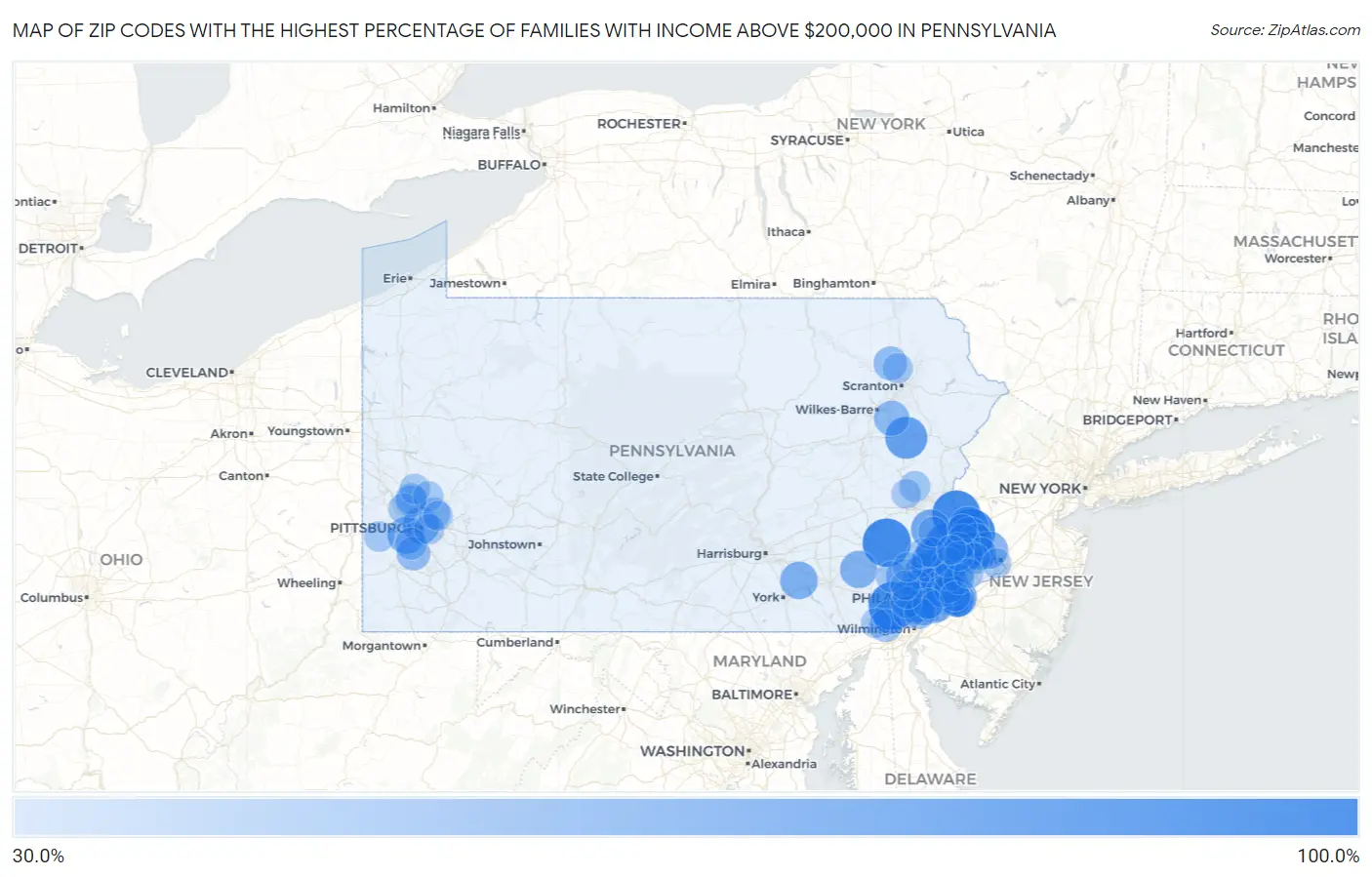Zip Codes with the Highest Percentage of Families with Income Above $200,000 in Pennsylvania Map