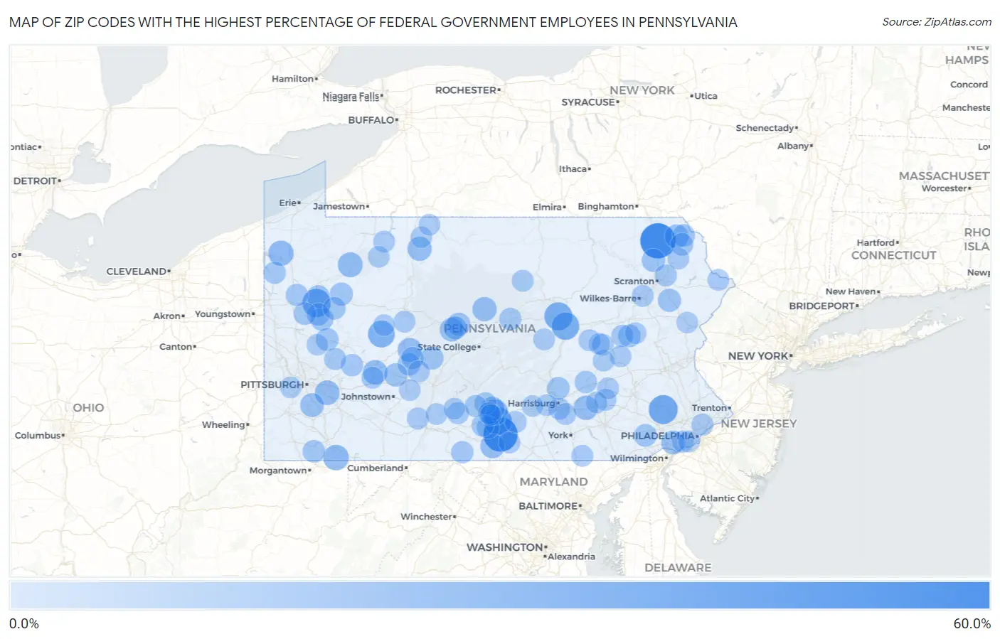 Zip Codes with the Highest Percentage of Federal Government Employees in Pennsylvania Map