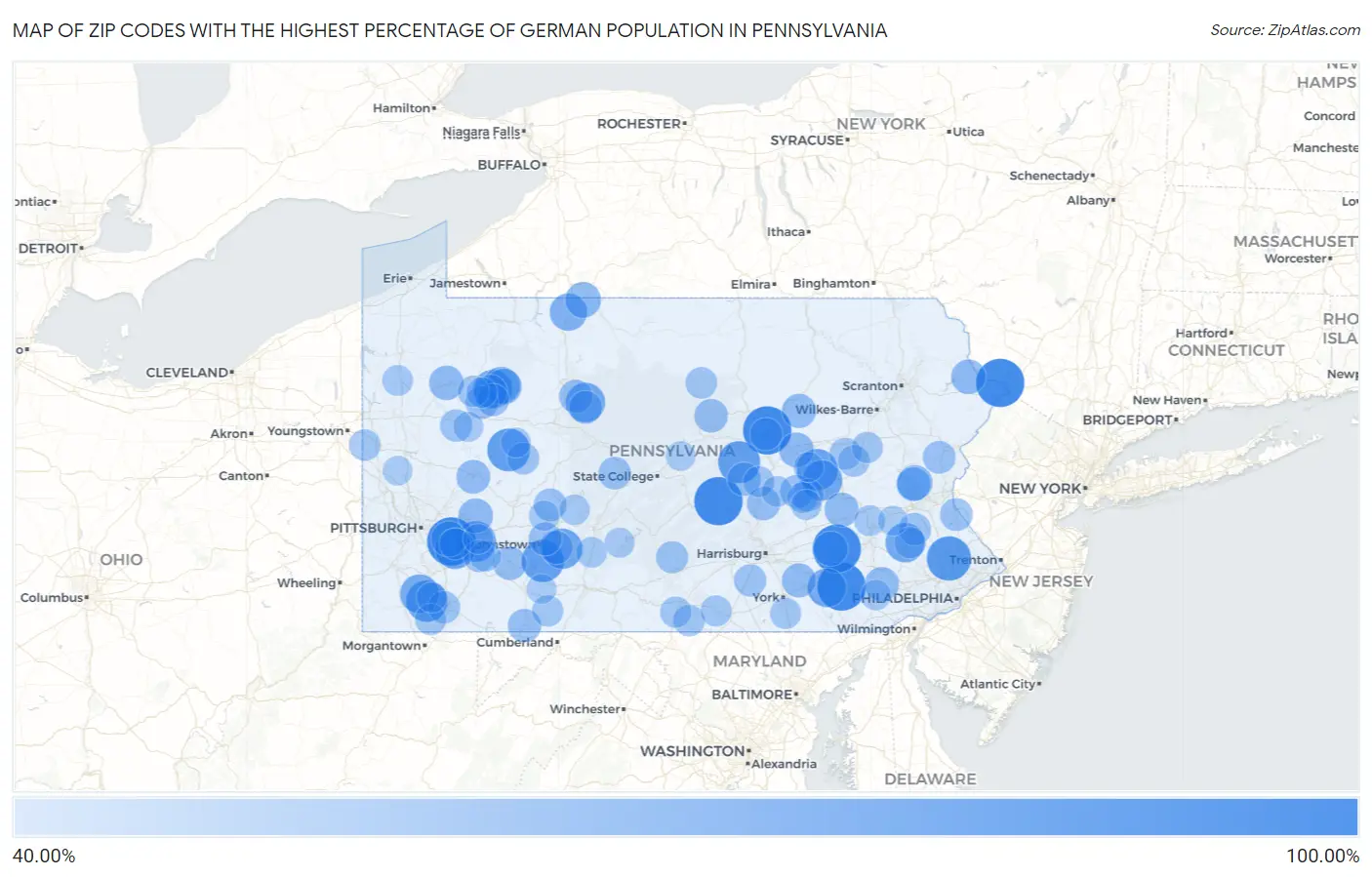 Zip Codes with the Highest Percentage of German Population in Pennsylvania Map