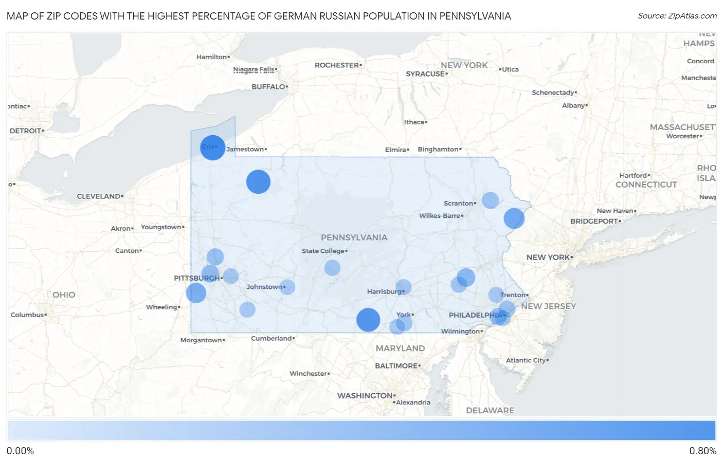 Zip Codes with the Highest Percentage of German Russian Population in Pennsylvania Map
