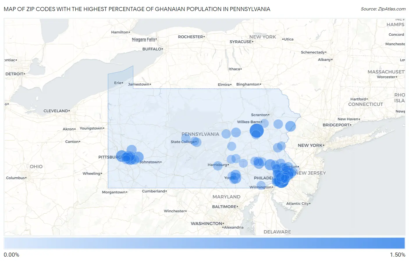 Zip Codes with the Highest Percentage of Ghanaian Population in Pennsylvania Map