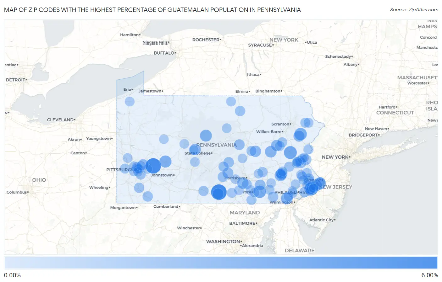 Zip Codes with the Highest Percentage of Guatemalan Population in Pennsylvania Map