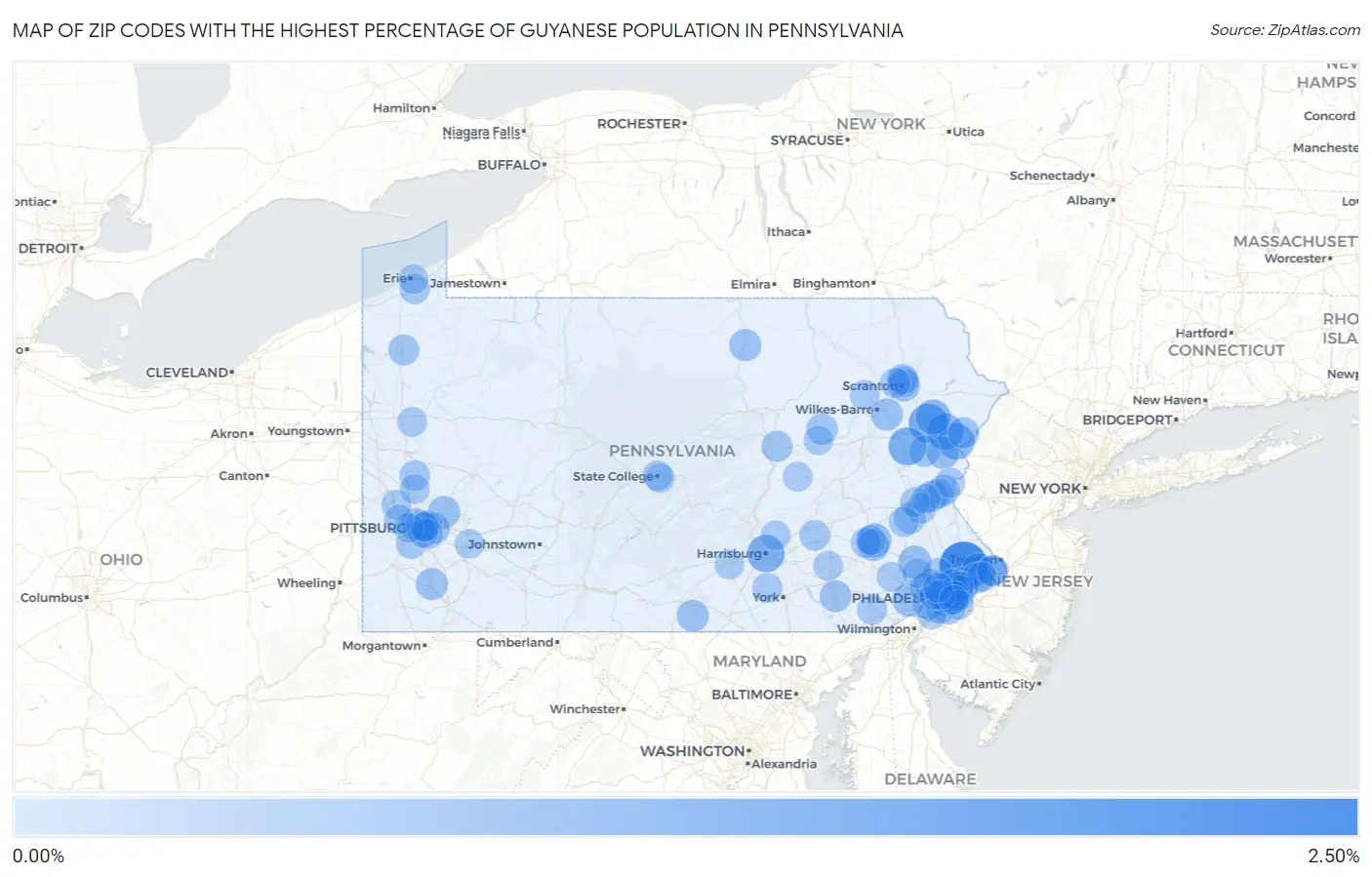 Zip Codes with the Highest Percentage of Guyanese Population in Pennsylvania Map