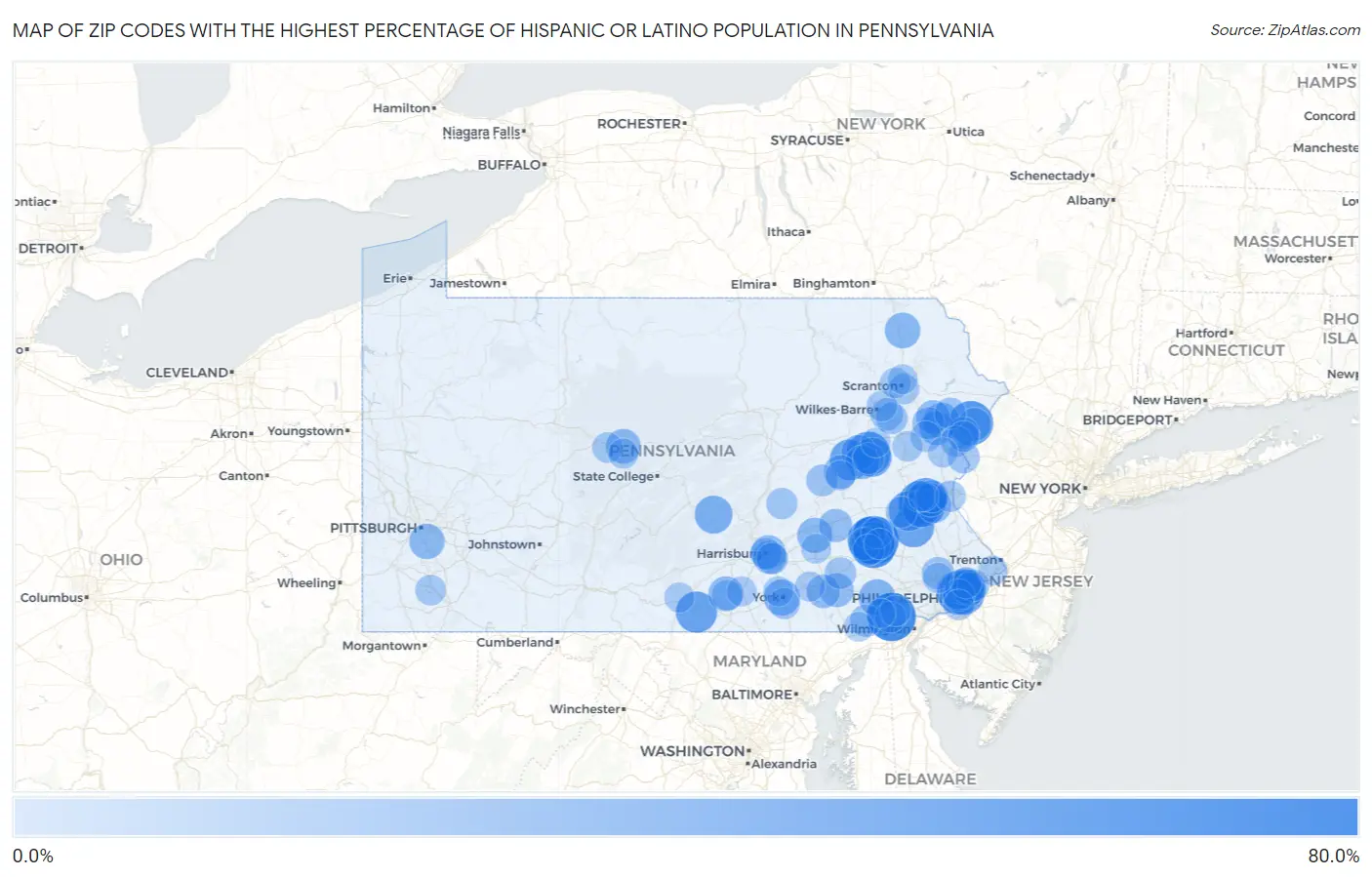 Zip Codes with the Highest Percentage of Hispanic or Latino Population in Pennsylvania Map