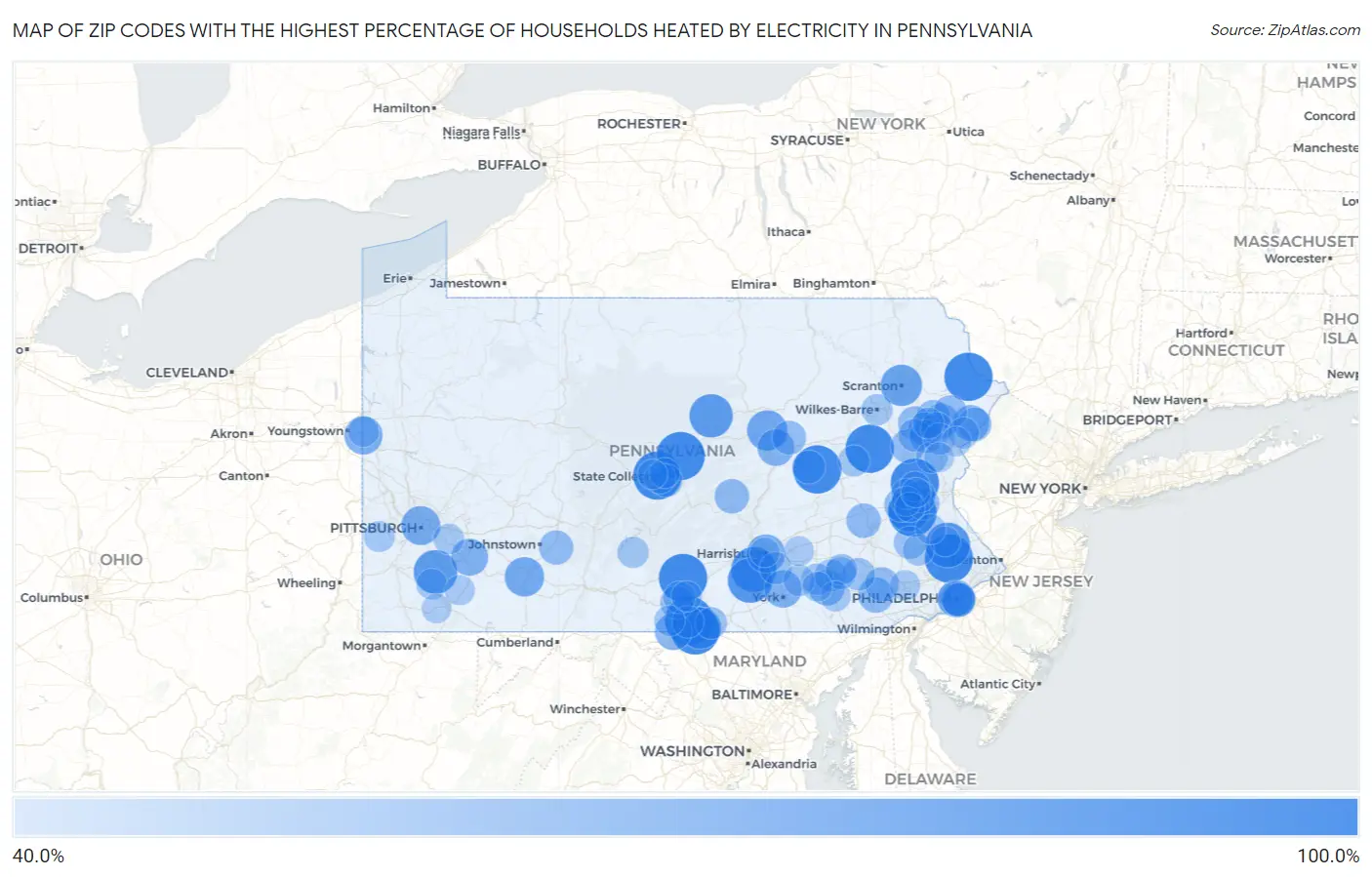 Zip Codes with the Highest Percentage of Households Heated by Electricity in Pennsylvania Map