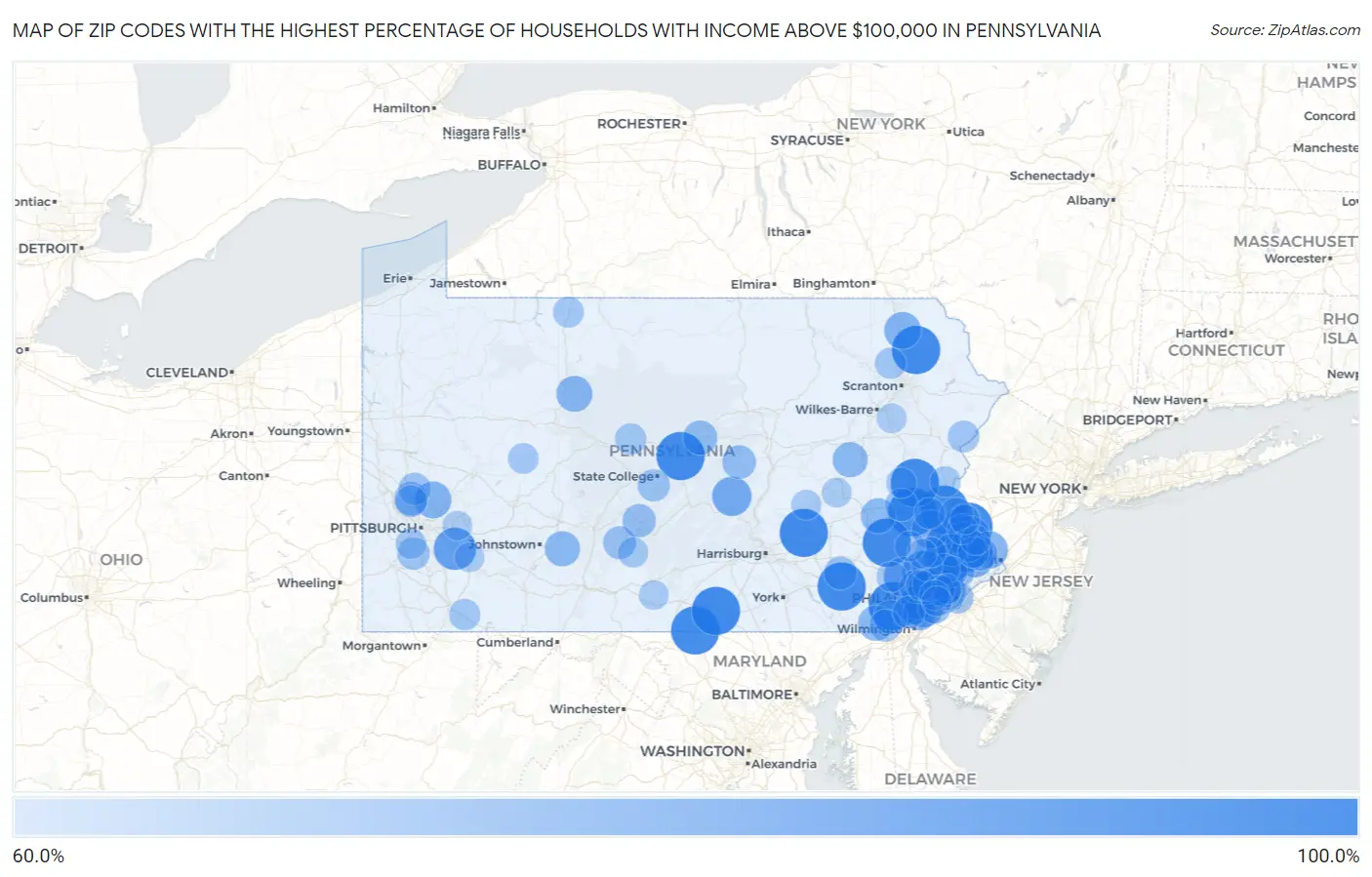 Zip Codes with the Highest Percentage of Households with Income Above $100,000 in Pennsylvania Map