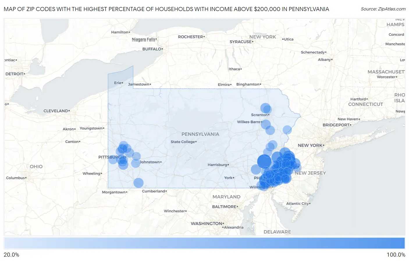 Zip Codes with the Highest Percentage of Households with Income Above $200,000 in Pennsylvania Map