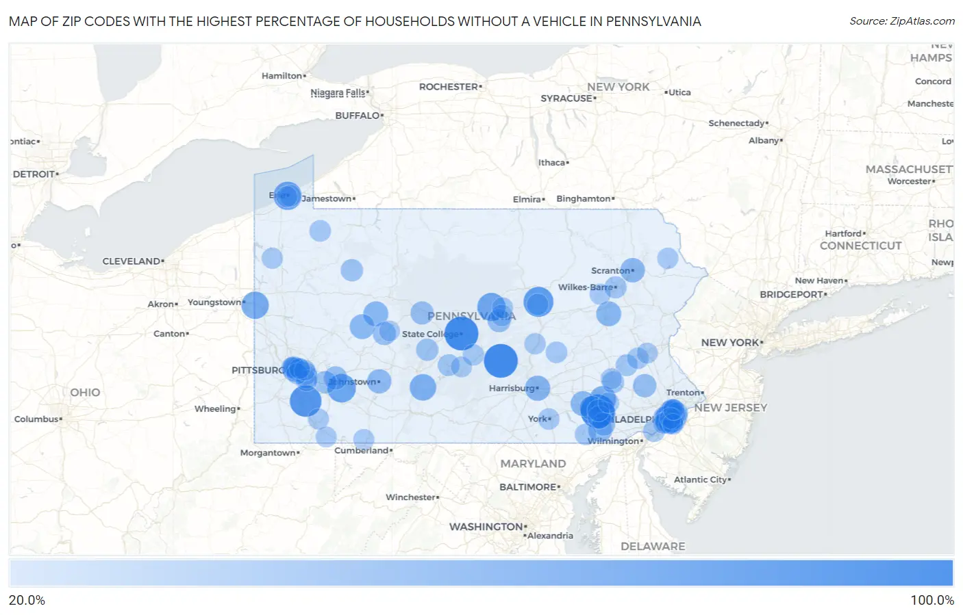 Zip Codes with the Highest Percentage of Households Without a Vehicle in Pennsylvania Map