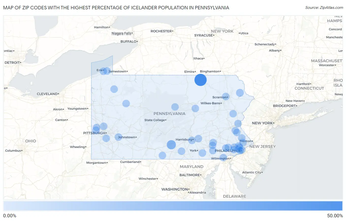 Zip Codes with the Highest Percentage of Icelander Population in Pennsylvania Map