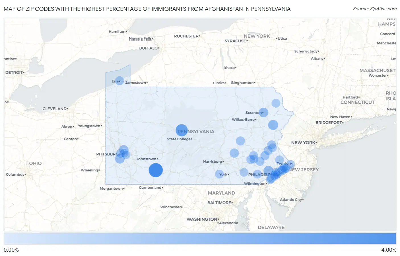 Zip Codes with the Highest Percentage of Immigrants from Afghanistan in Pennsylvania Map