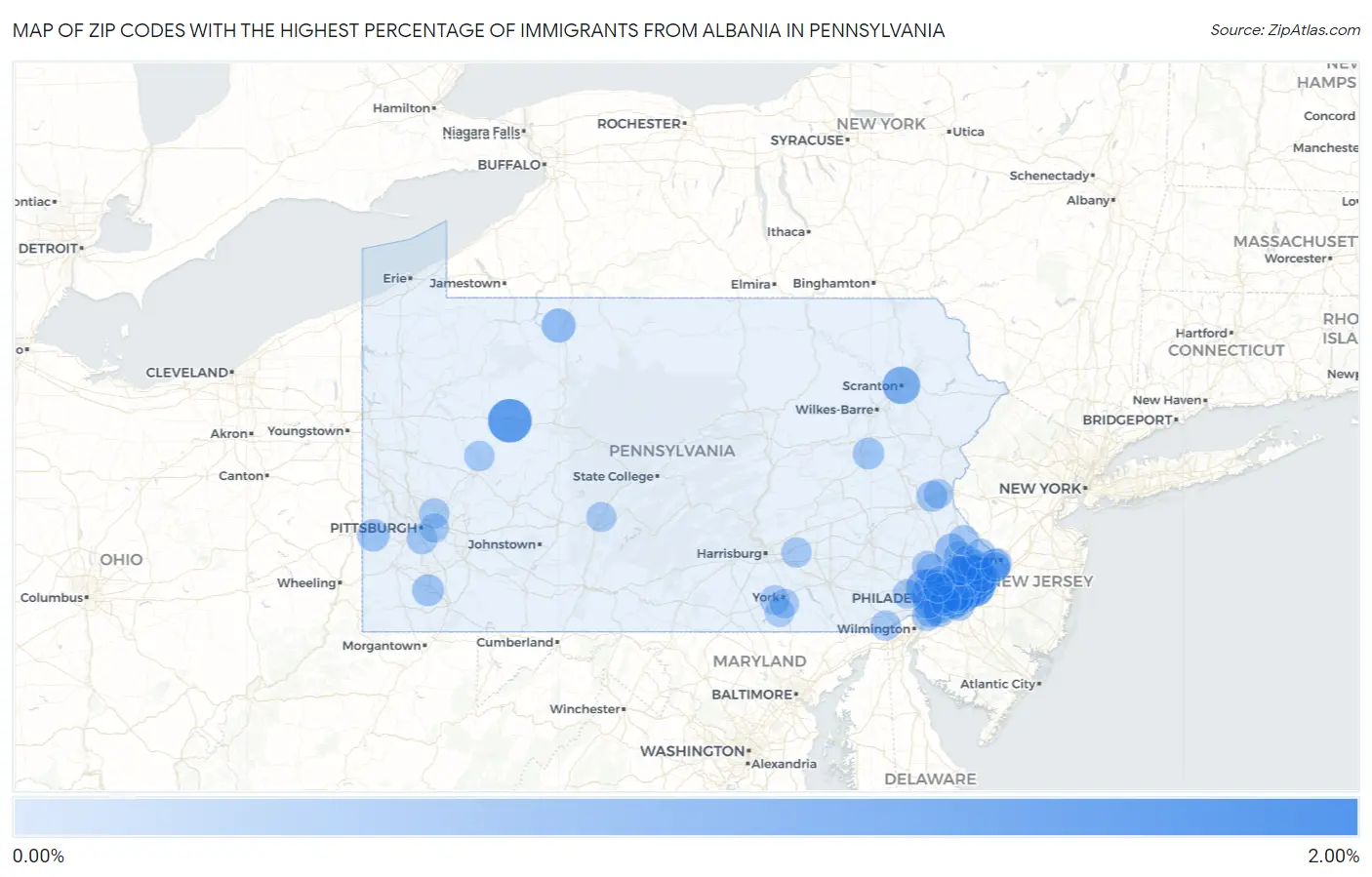 Zip Codes with the Highest Percentage of Immigrants from Albania in Pennsylvania Map