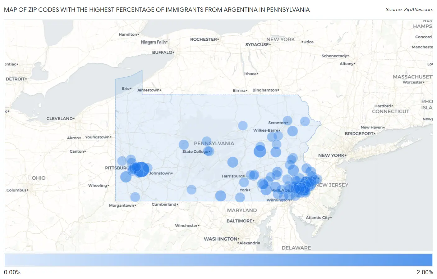 Zip Codes with the Highest Percentage of Immigrants from Argentina in Pennsylvania Map