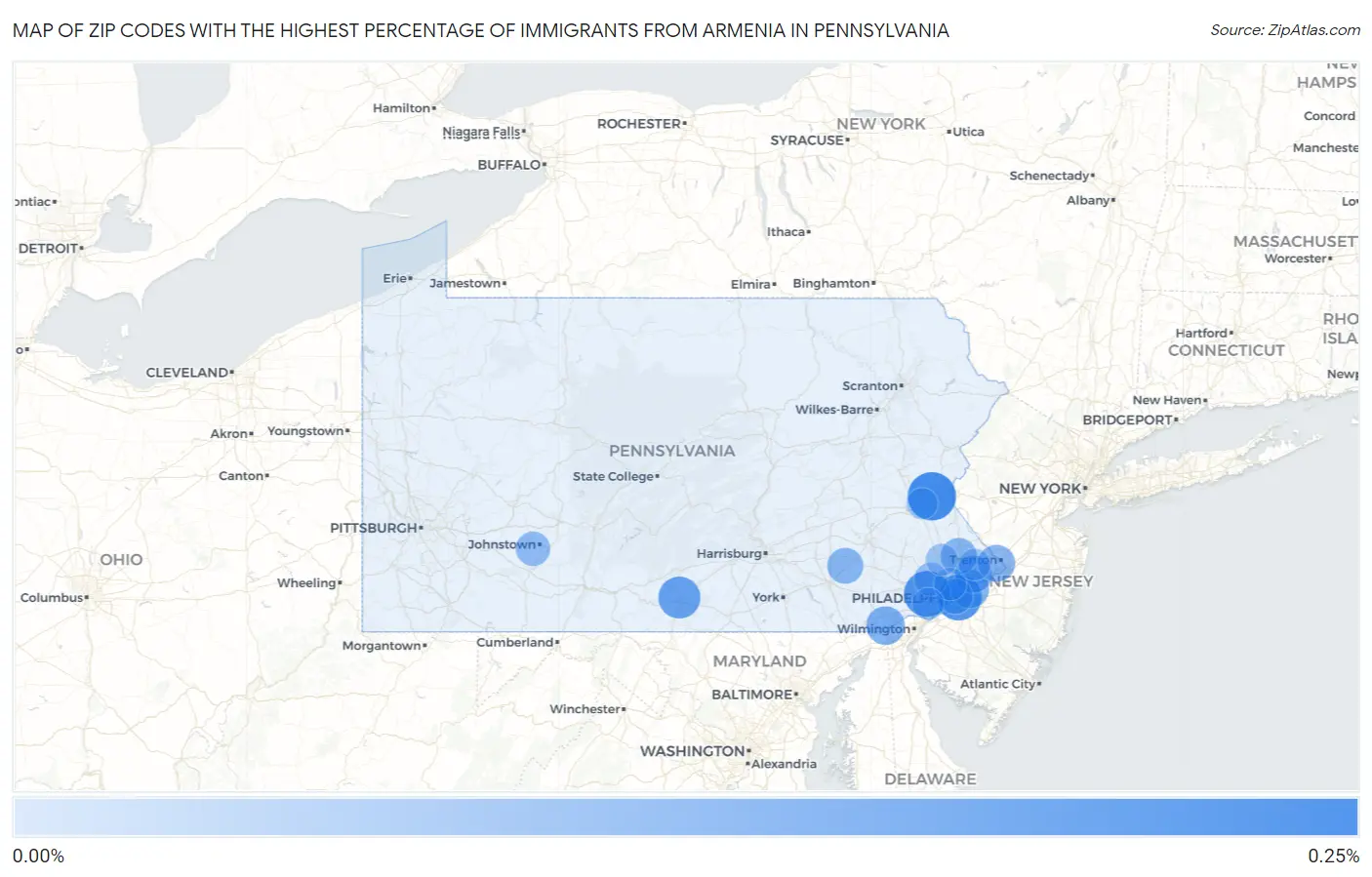 Zip Codes with the Highest Percentage of Immigrants from Armenia in Pennsylvania Map