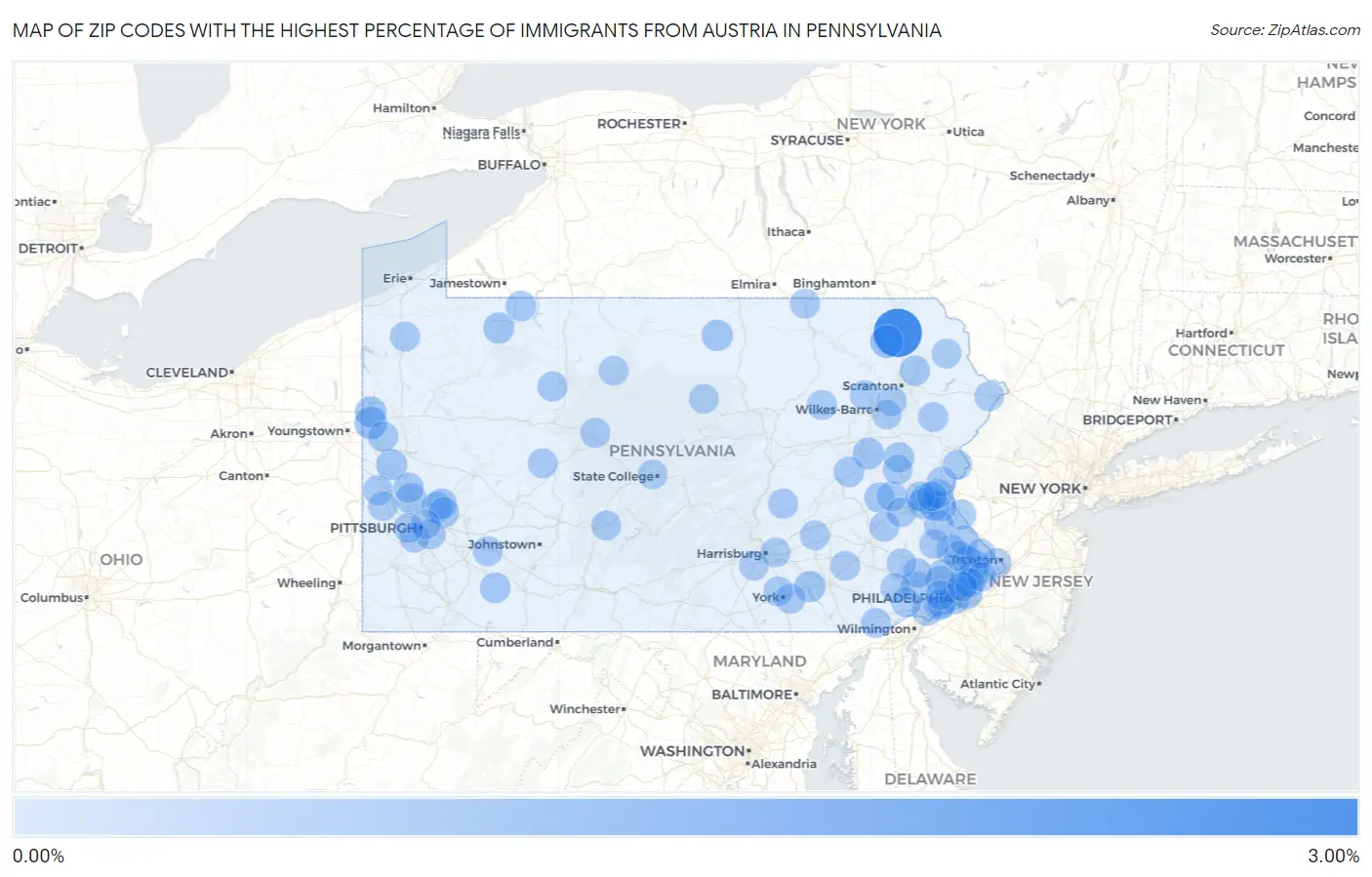 Zip Codes with the Highest Percentage of Immigrants from Austria in Pennsylvania Map