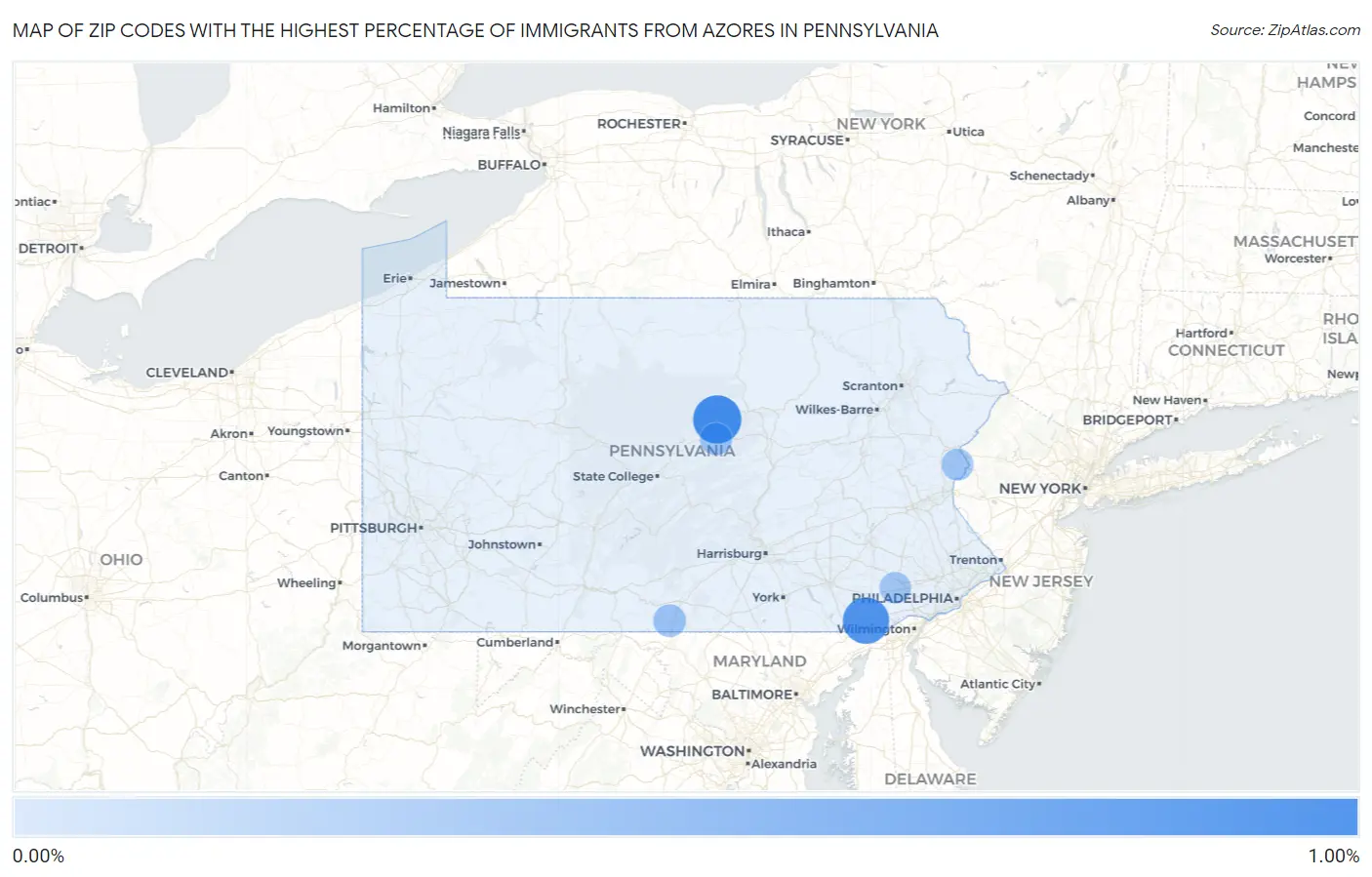 Zip Codes with the Highest Percentage of Immigrants from Azores in Pennsylvania Map