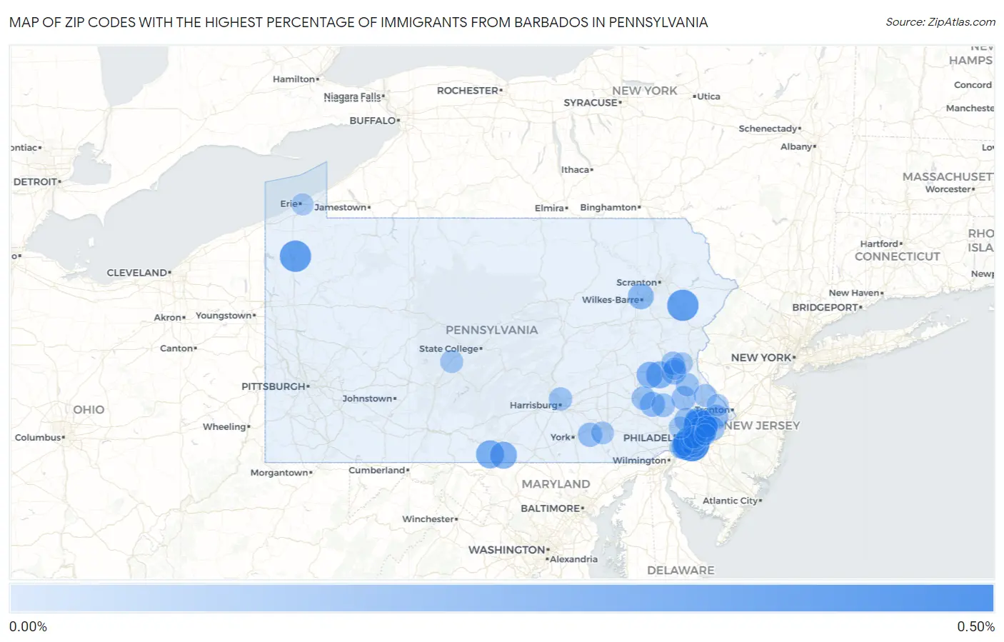 Zip Codes with the Highest Percentage of Immigrants from Barbados in Pennsylvania Map