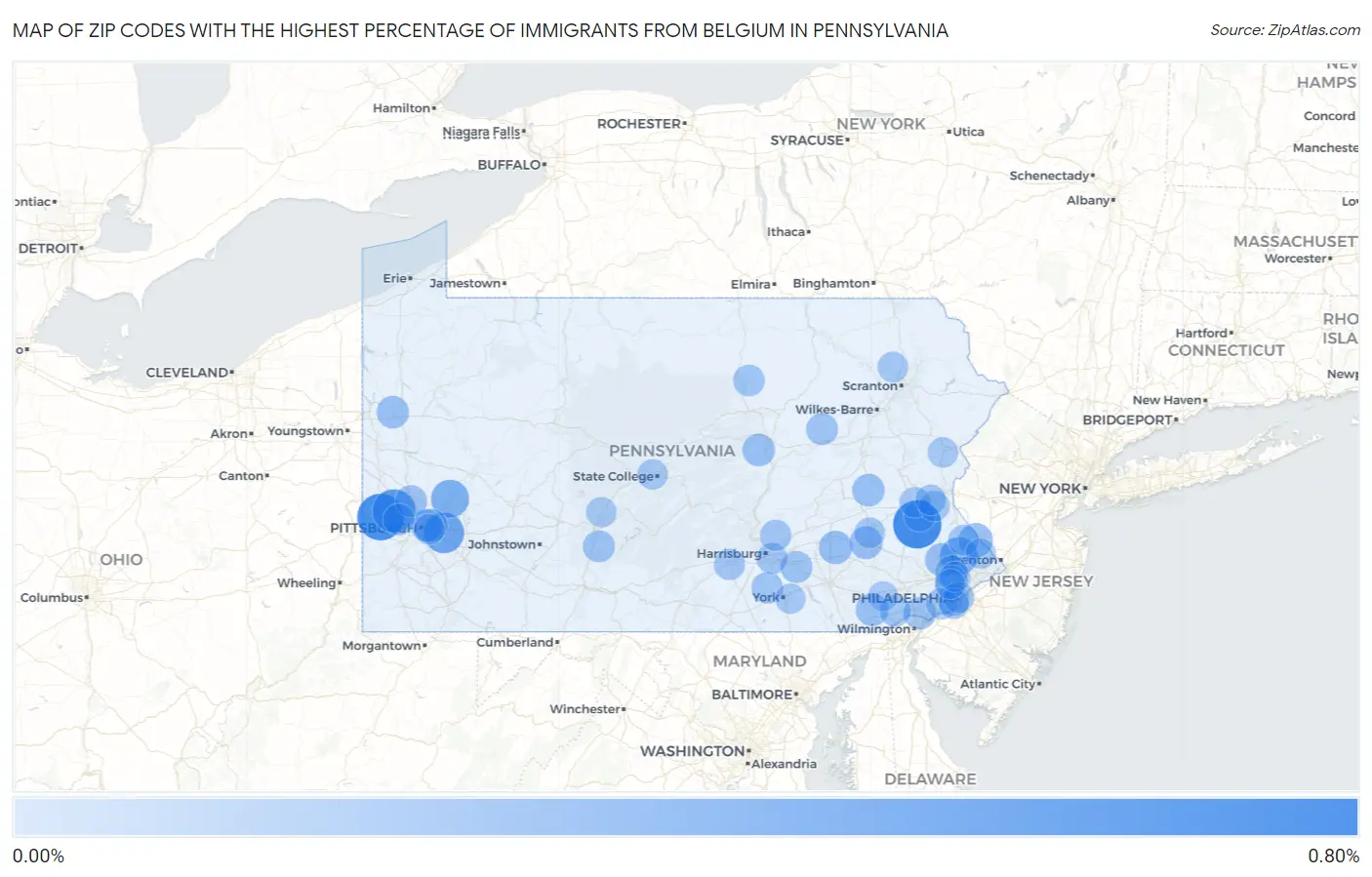 Zip Codes with the Highest Percentage of Immigrants from Belgium in Pennsylvania Map
