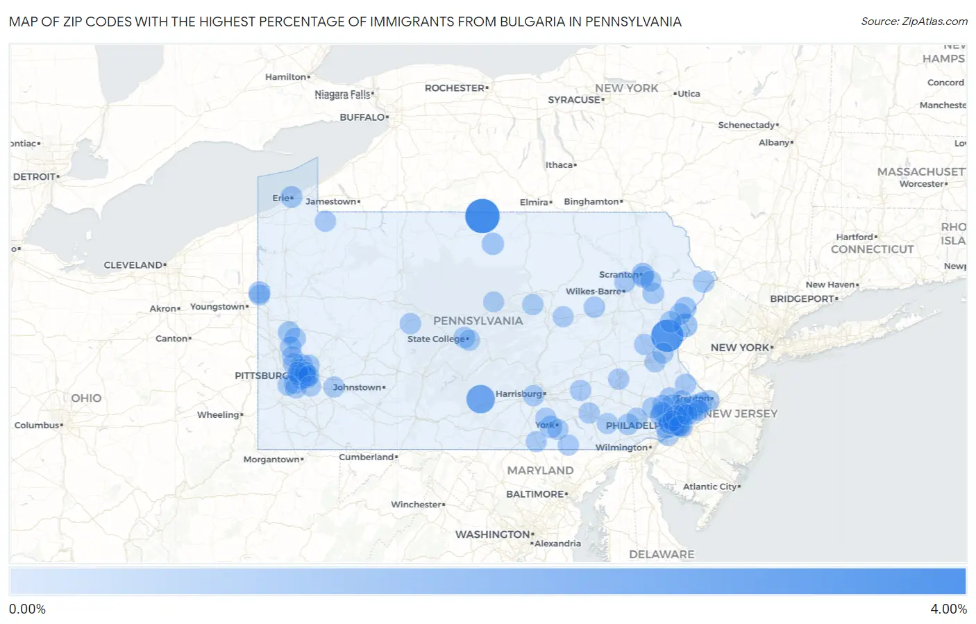 Zip Codes with the Highest Percentage of Immigrants from Bulgaria in Pennsylvania Map