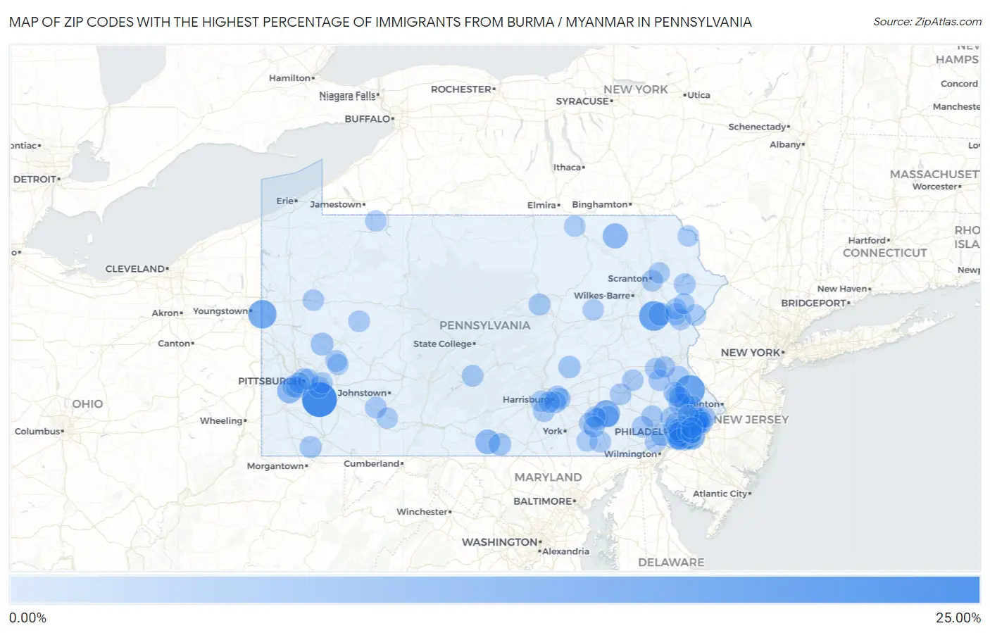 Zip Codes with the Highest Percentage of Immigrants from Burma / Myanmar in Pennsylvania Map