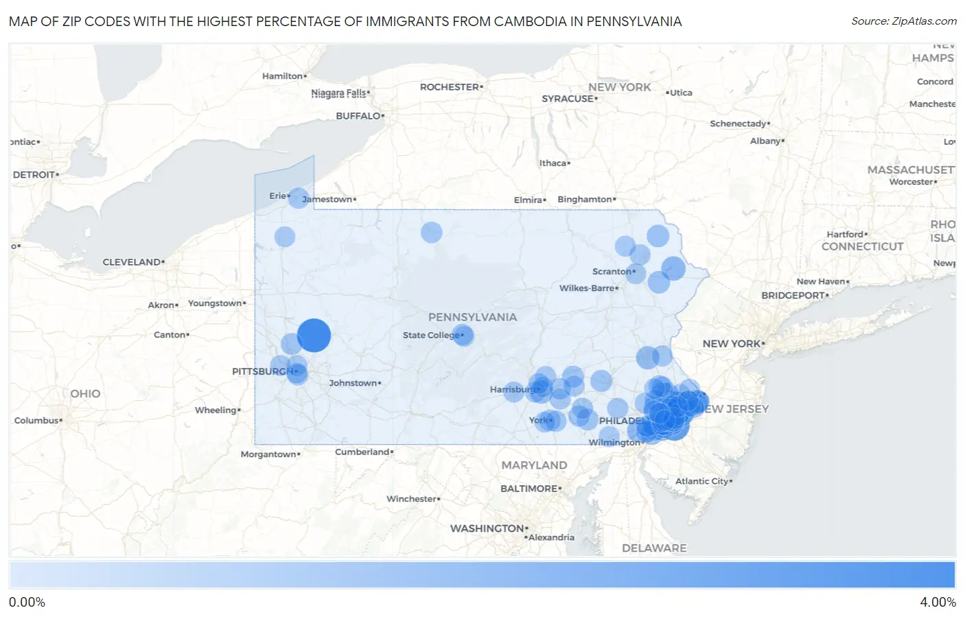 Zip Codes with the Highest Percentage of Immigrants from Cambodia in Pennsylvania Map