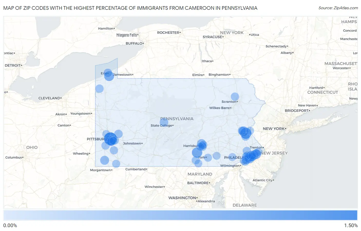 Zip Codes with the Highest Percentage of Immigrants from Cameroon in Pennsylvania Map