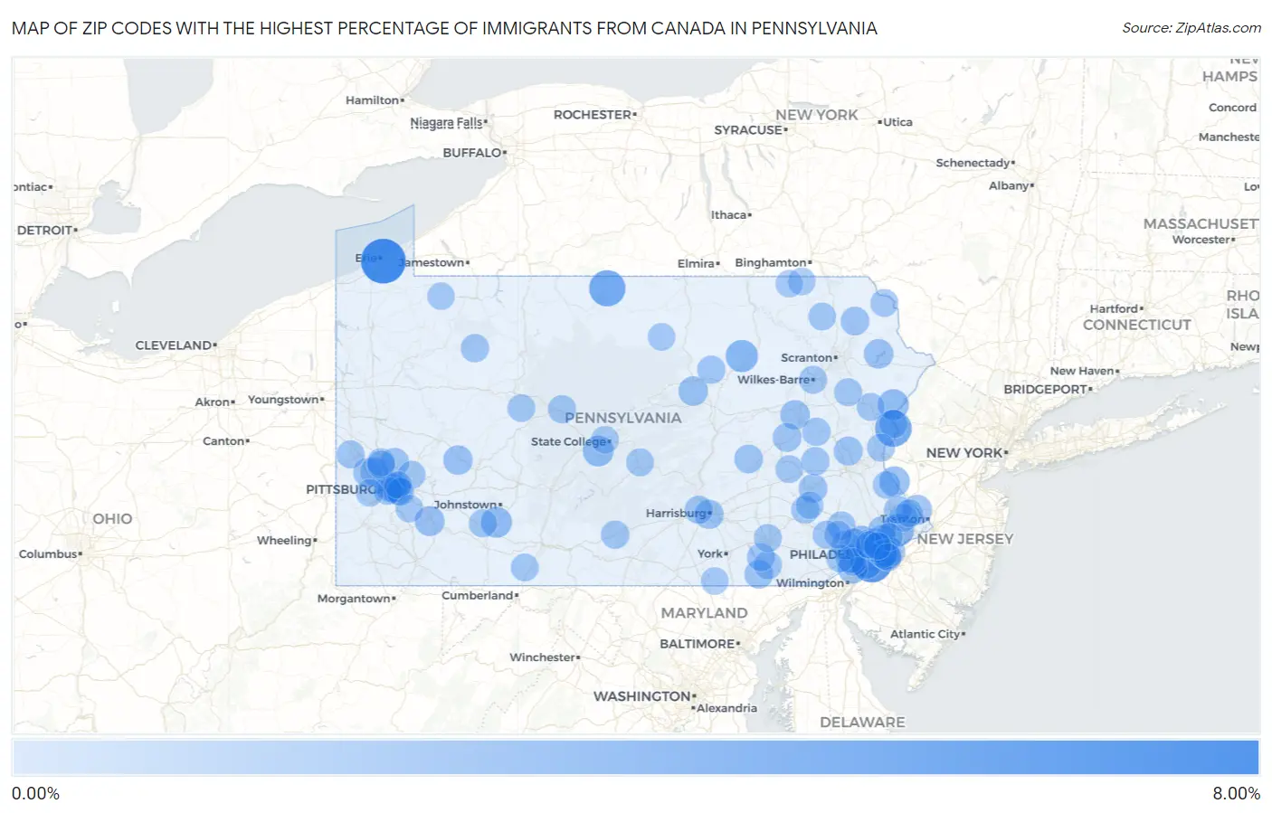Zip Codes with the Highest Percentage of Immigrants from Canada in Pennsylvania Map