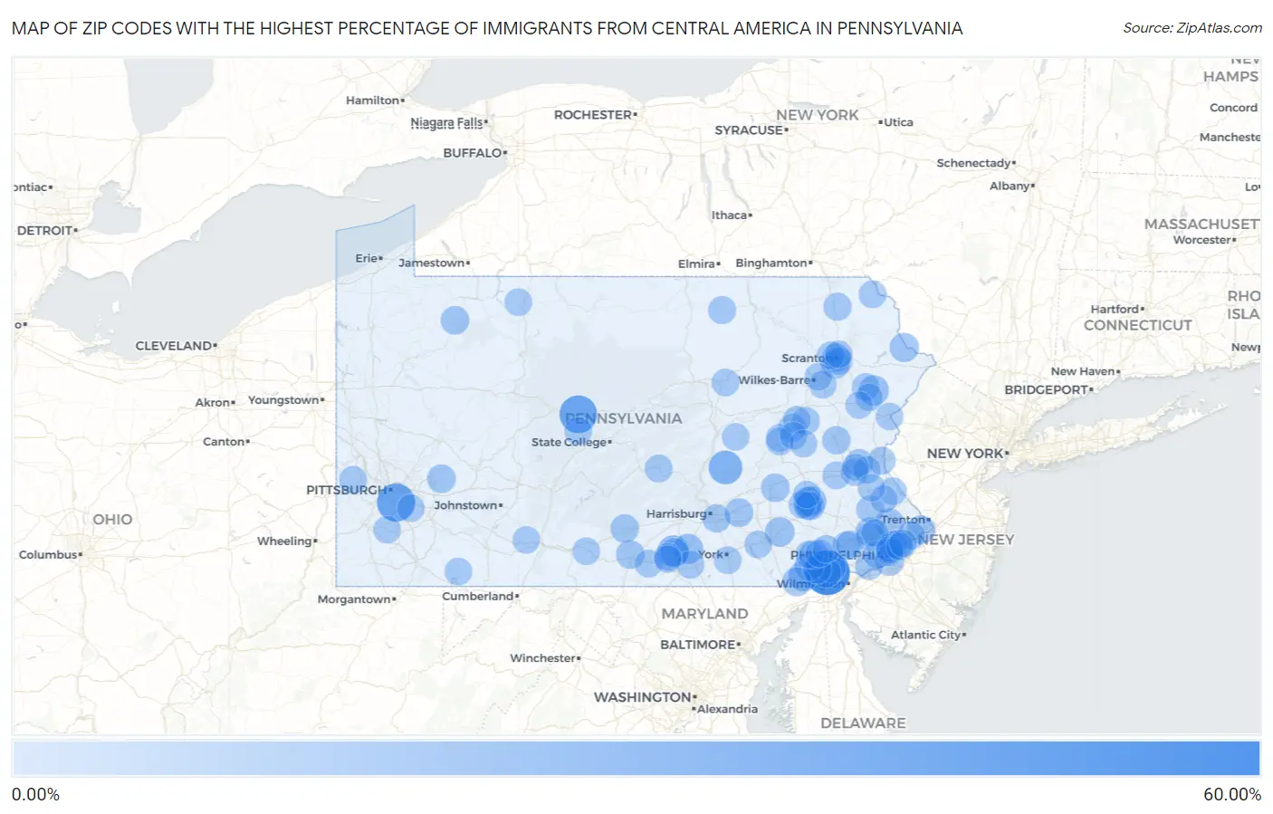 Zip Codes with the Highest Percentage of Immigrants from Central America in Pennsylvania Map