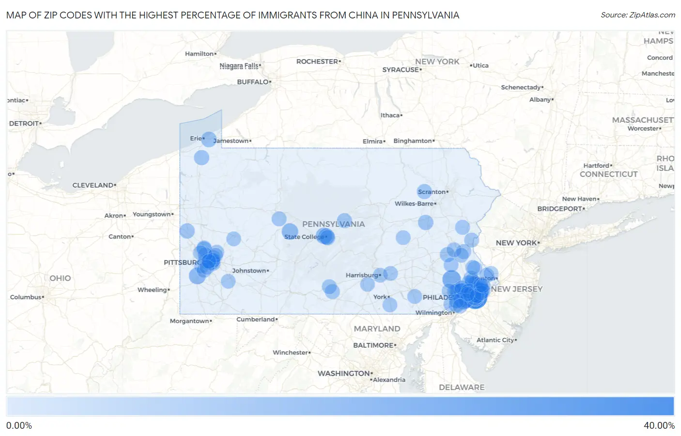 Zip Codes with the Highest Percentage of Immigrants from China in Pennsylvania Map