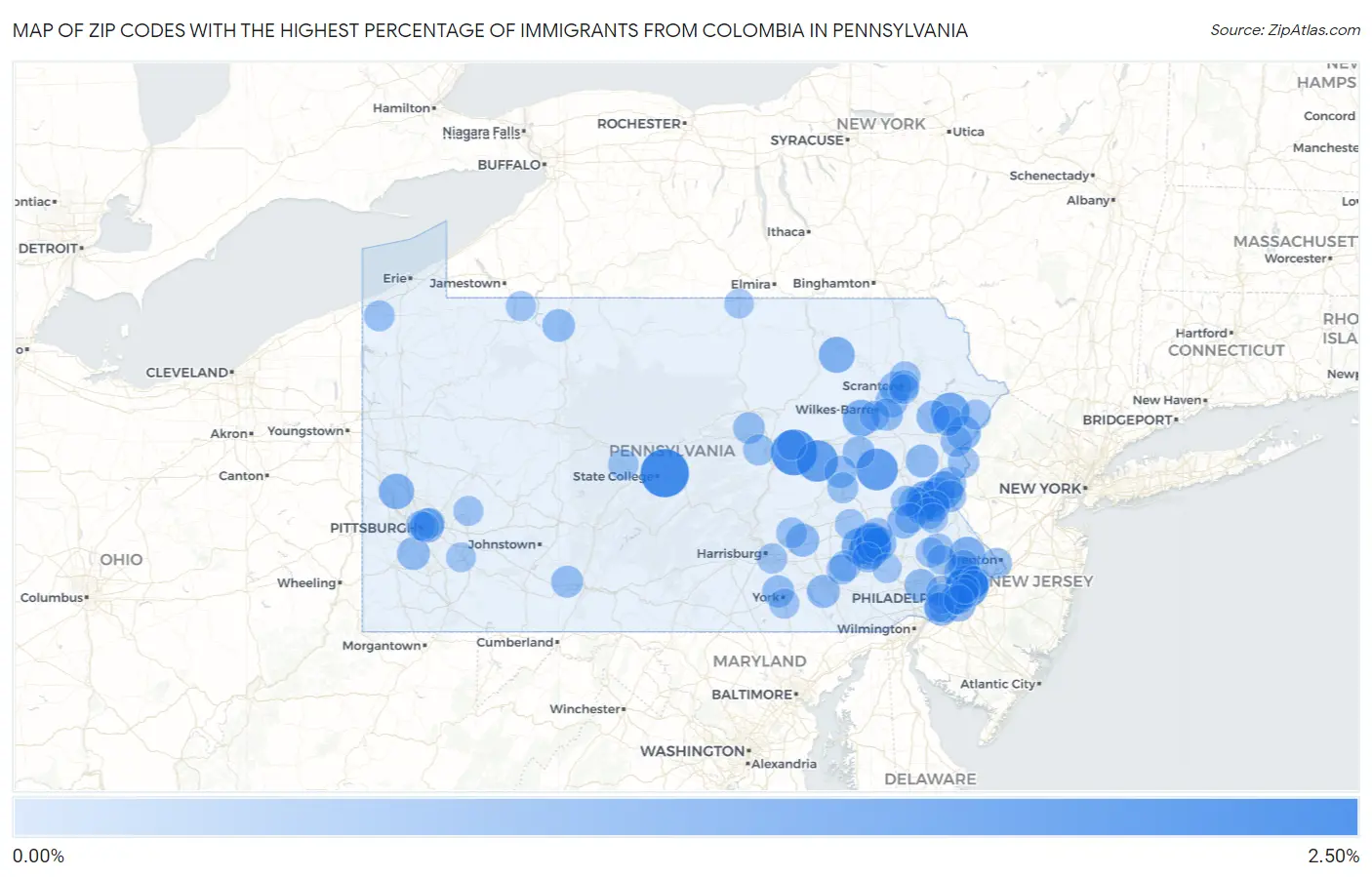 Zip Codes with the Highest Percentage of Immigrants from Colombia in Pennsylvania Map