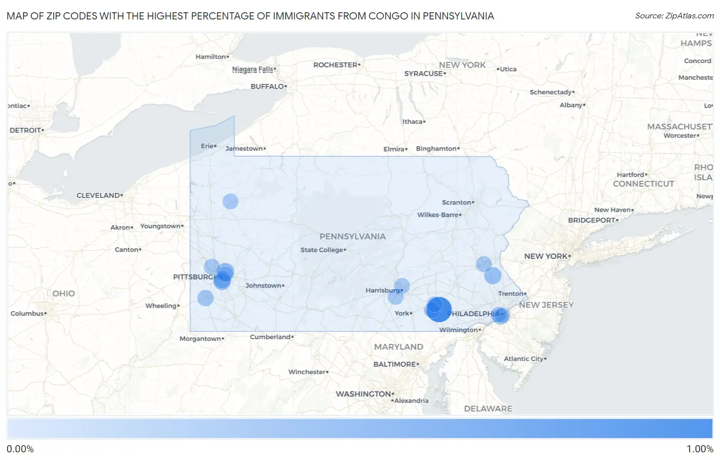 Zip Codes with the Highest Percentage of Immigrants from Congo in Pennsylvania Map