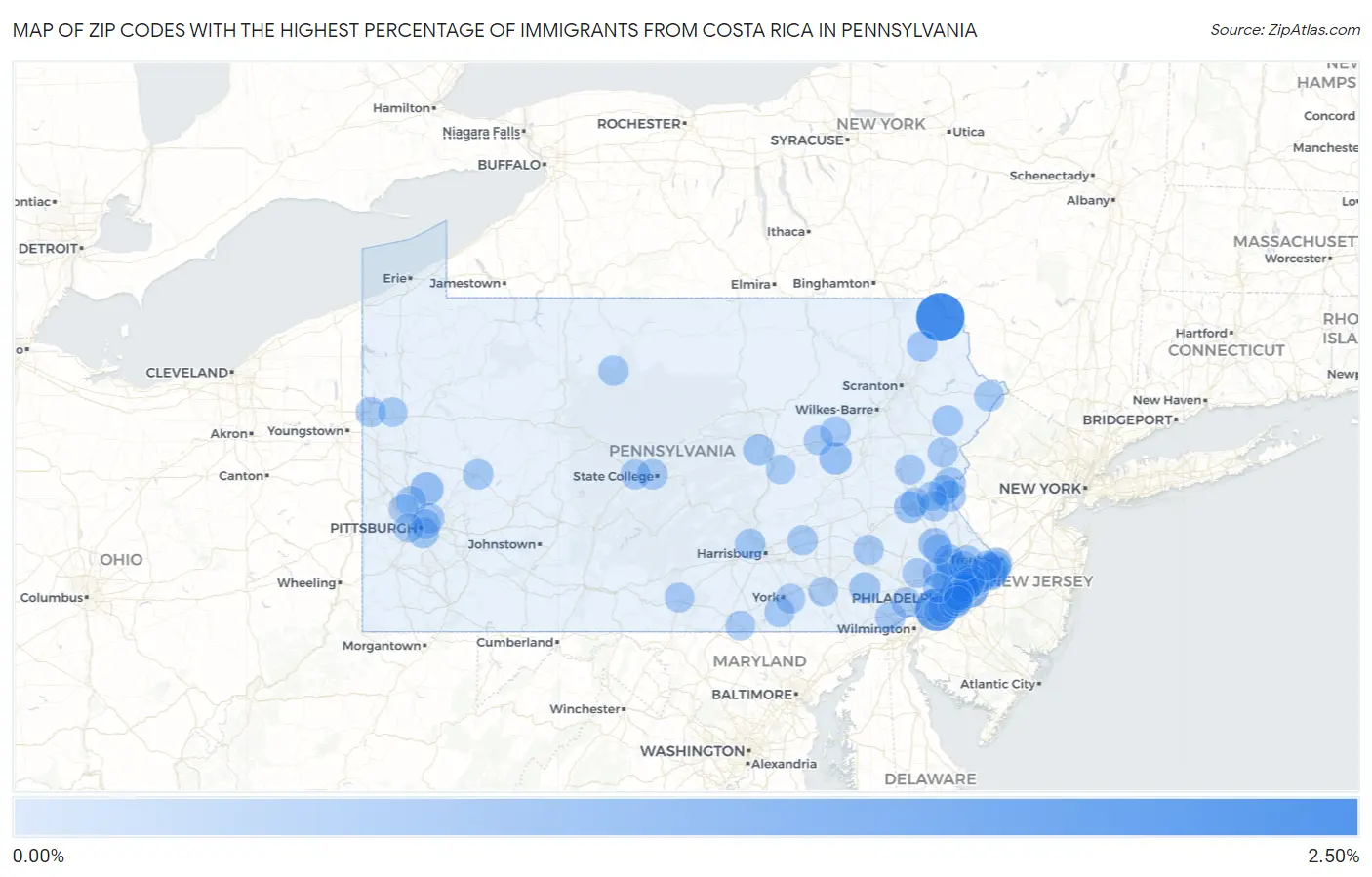 Zip Codes with the Highest Percentage of Immigrants from Costa Rica in Pennsylvania Map