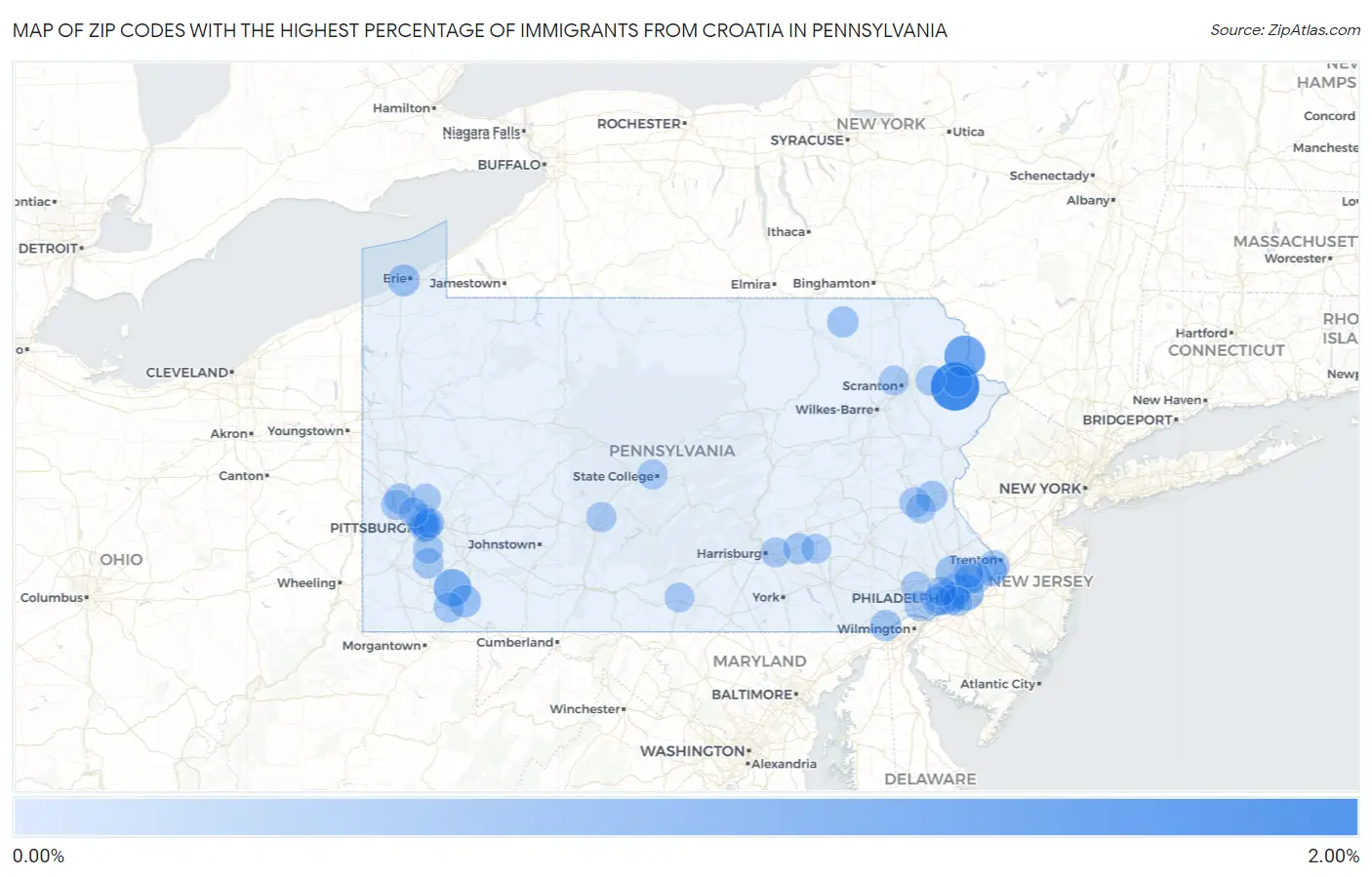 Zip Codes with the Highest Percentage of Immigrants from Croatia in Pennsylvania Map