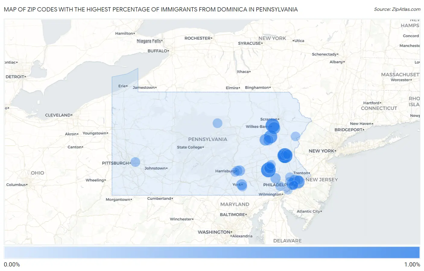 Zip Codes with the Highest Percentage of Immigrants from Dominica in Pennsylvania Map