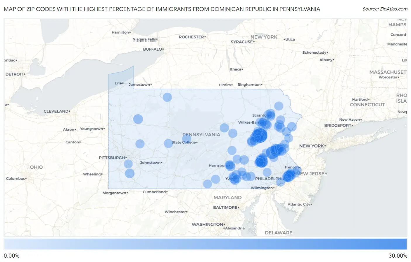 Zip Codes with the Highest Percentage of Immigrants from Dominican Republic in Pennsylvania Map