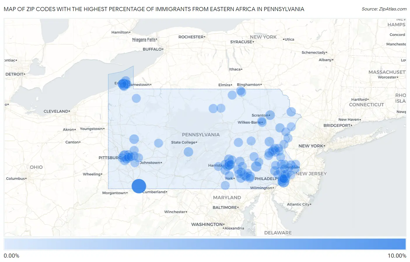 Zip Codes with the Highest Percentage of Immigrants from Eastern Africa in Pennsylvania Map