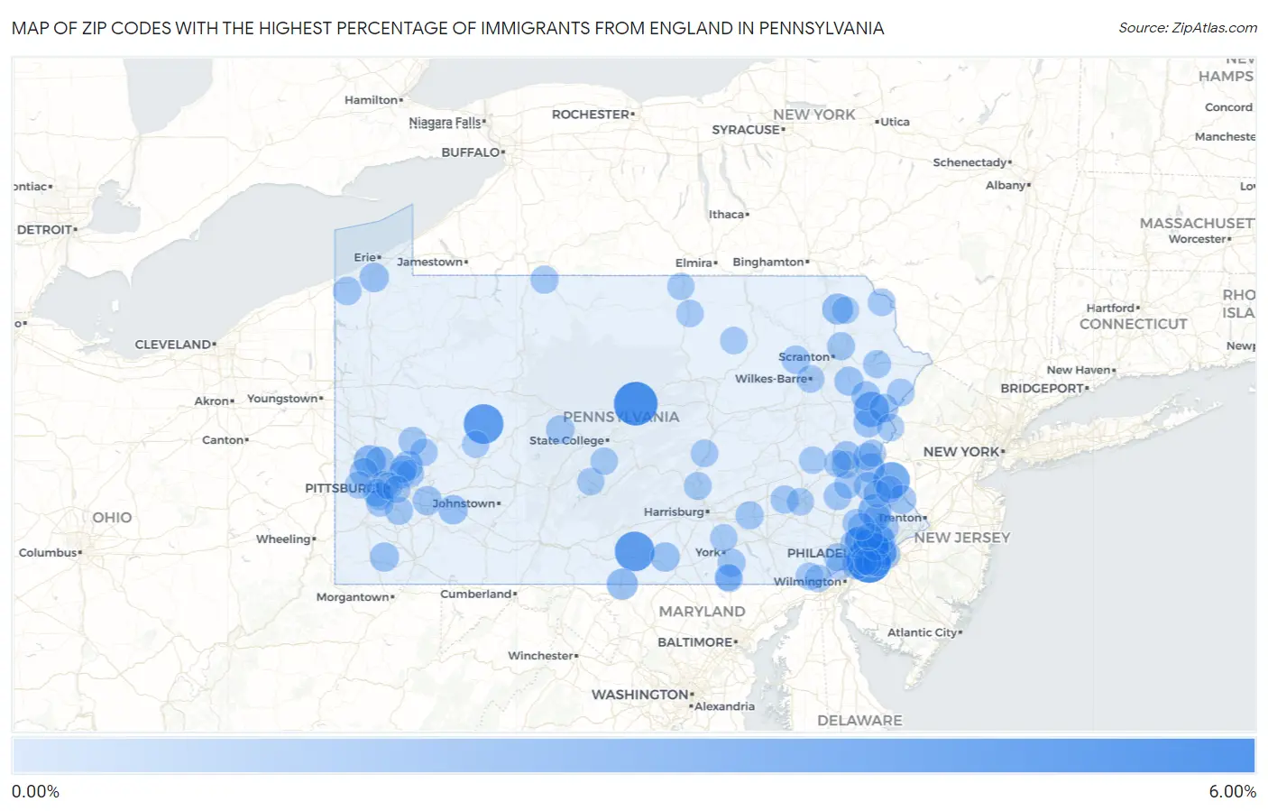 Zip Codes with the Highest Percentage of Immigrants from England in Pennsylvania Map