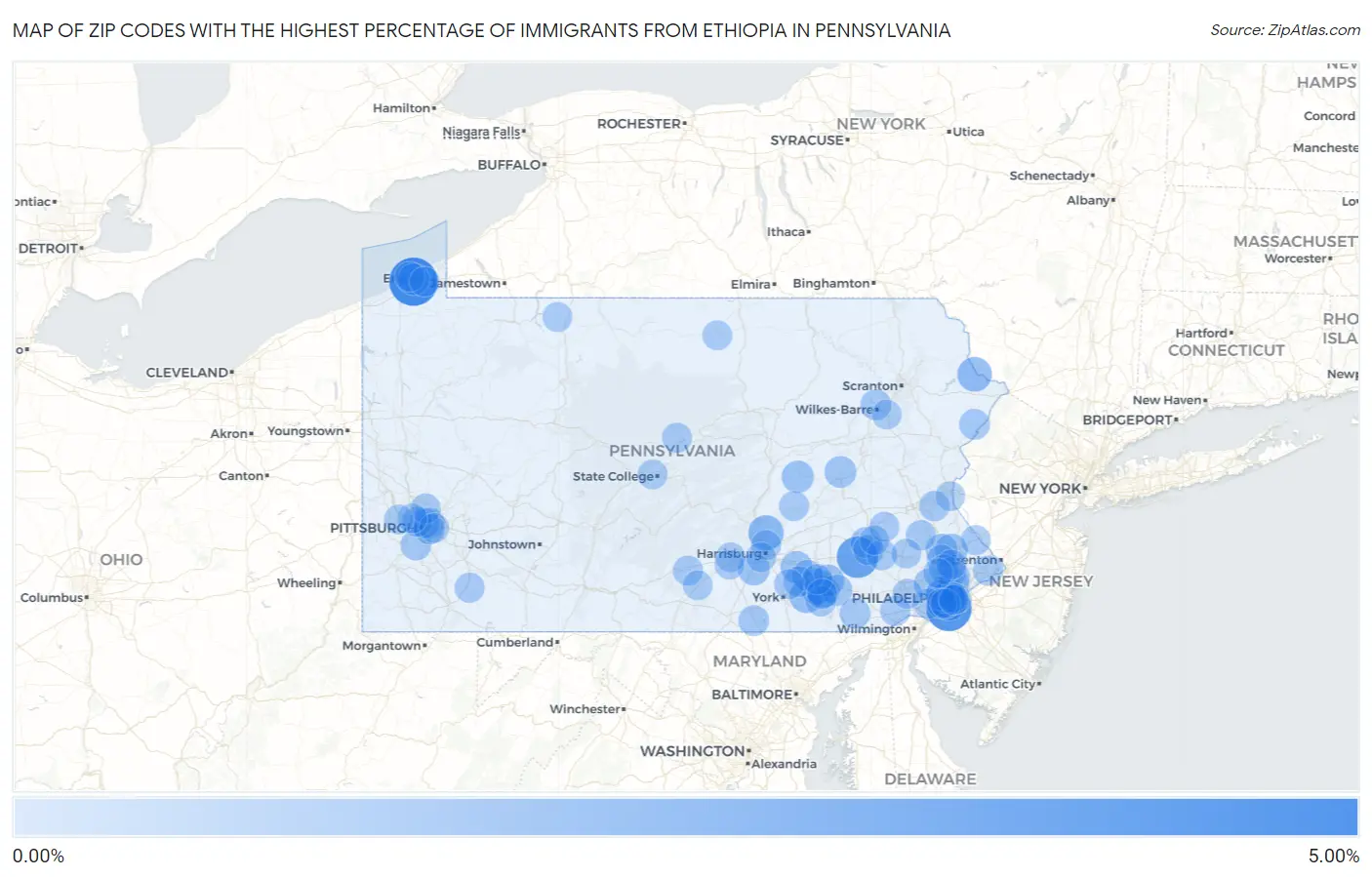 Zip Codes with the Highest Percentage of Immigrants from Ethiopia in Pennsylvania Map