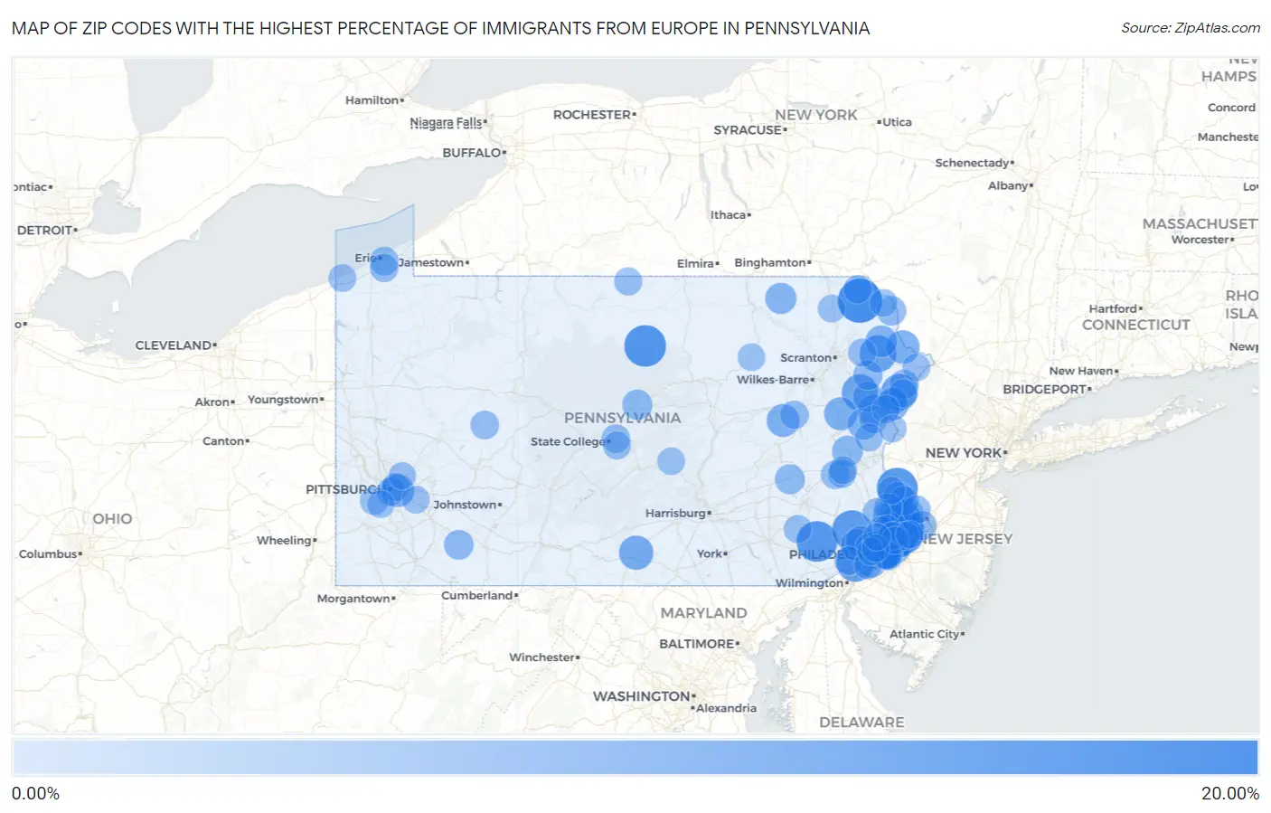 Zip Codes with the Highest Percentage of Immigrants from Europe in Pennsylvania Map