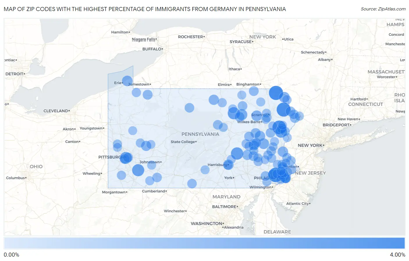Zip Codes with the Highest Percentage of Immigrants from Germany in Pennsylvania Map