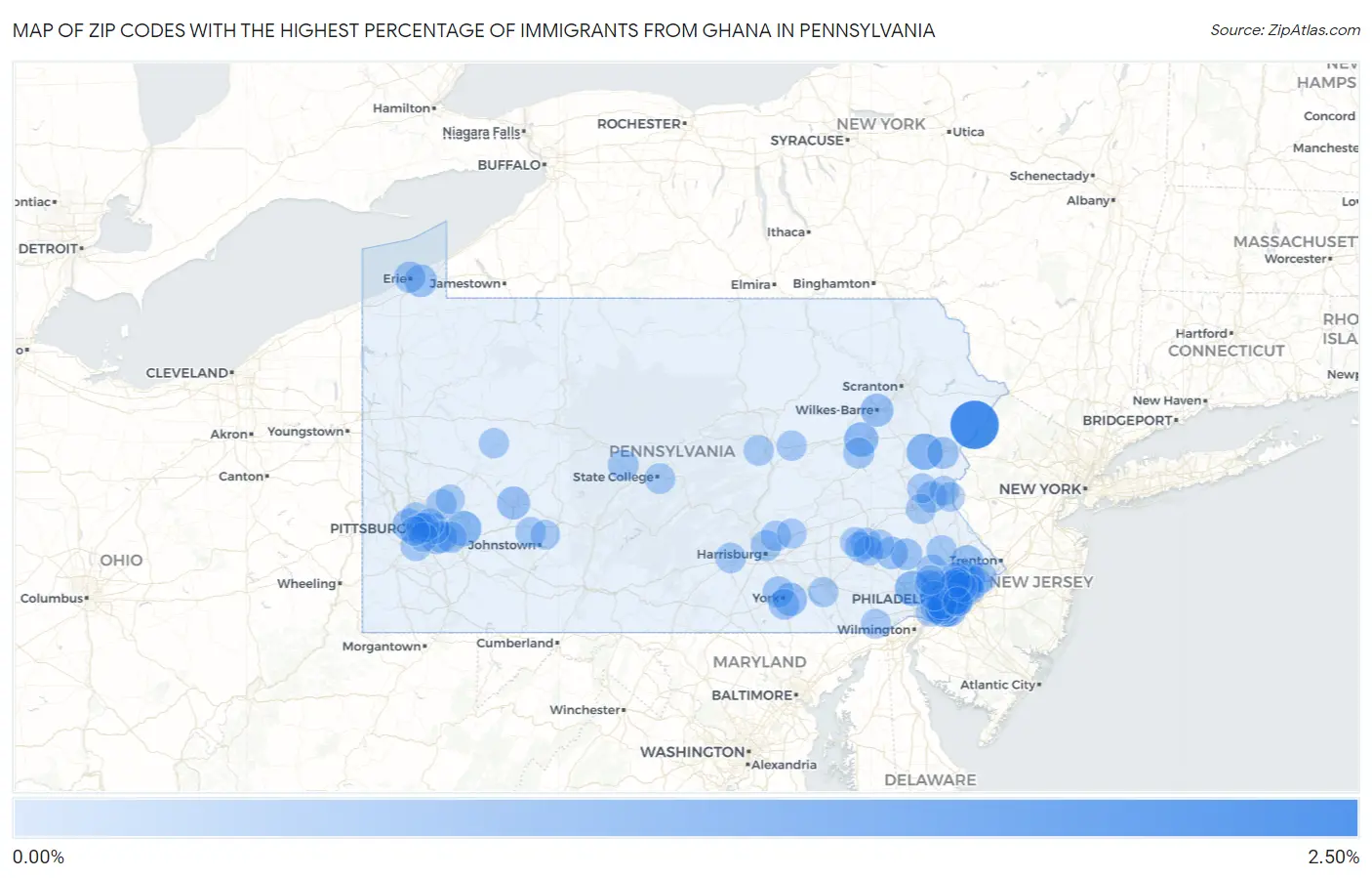 Zip Codes with the Highest Percentage of Immigrants from Ghana in Pennsylvania Map