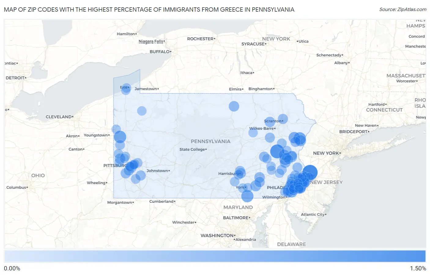Zip Codes with the Highest Percentage of Immigrants from Greece in Pennsylvania Map