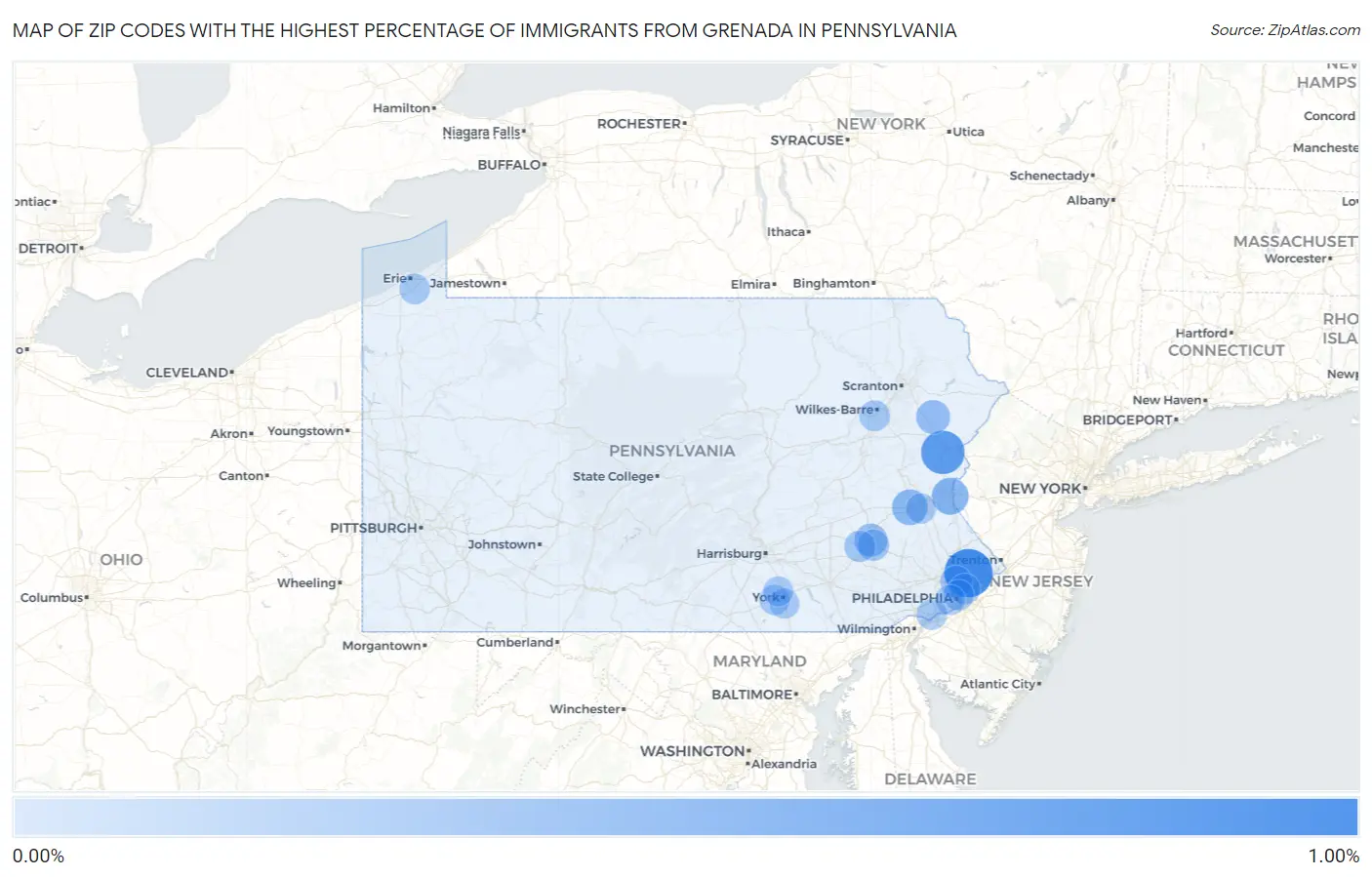 Zip Codes with the Highest Percentage of Immigrants from Grenada in Pennsylvania Map