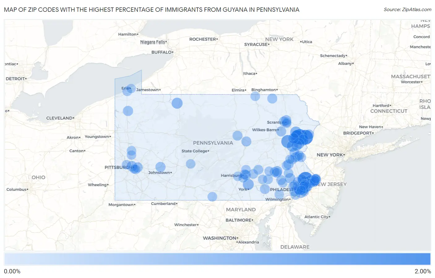 Zip Codes with the Highest Percentage of Immigrants from Guyana in Pennsylvania Map