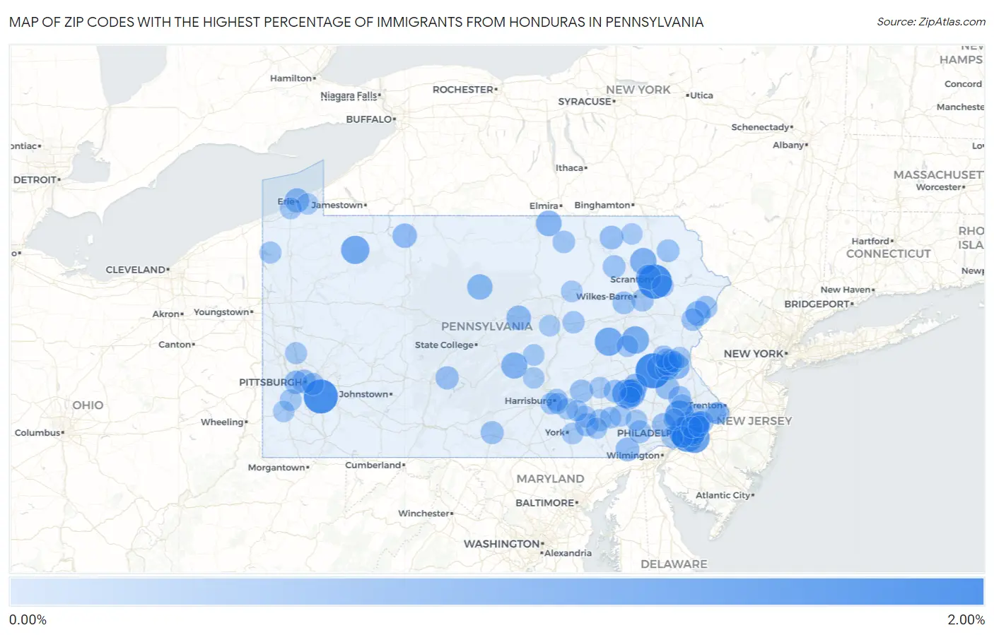Zip Codes with the Highest Percentage of Immigrants from Honduras in Pennsylvania Map