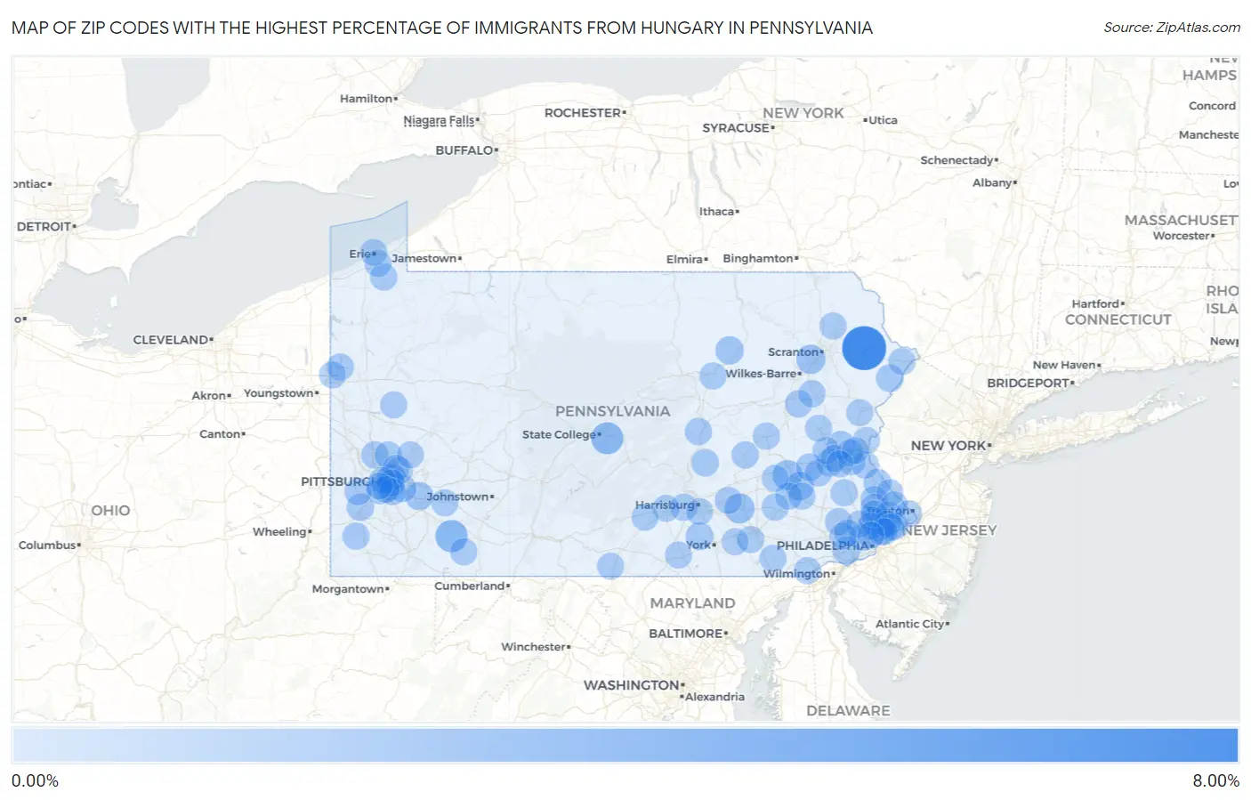 Zip Codes with the Highest Percentage of Immigrants from Hungary in Pennsylvania Map
