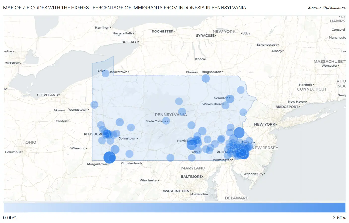 Zip Codes with the Highest Percentage of Immigrants from Indonesia in Pennsylvania Map