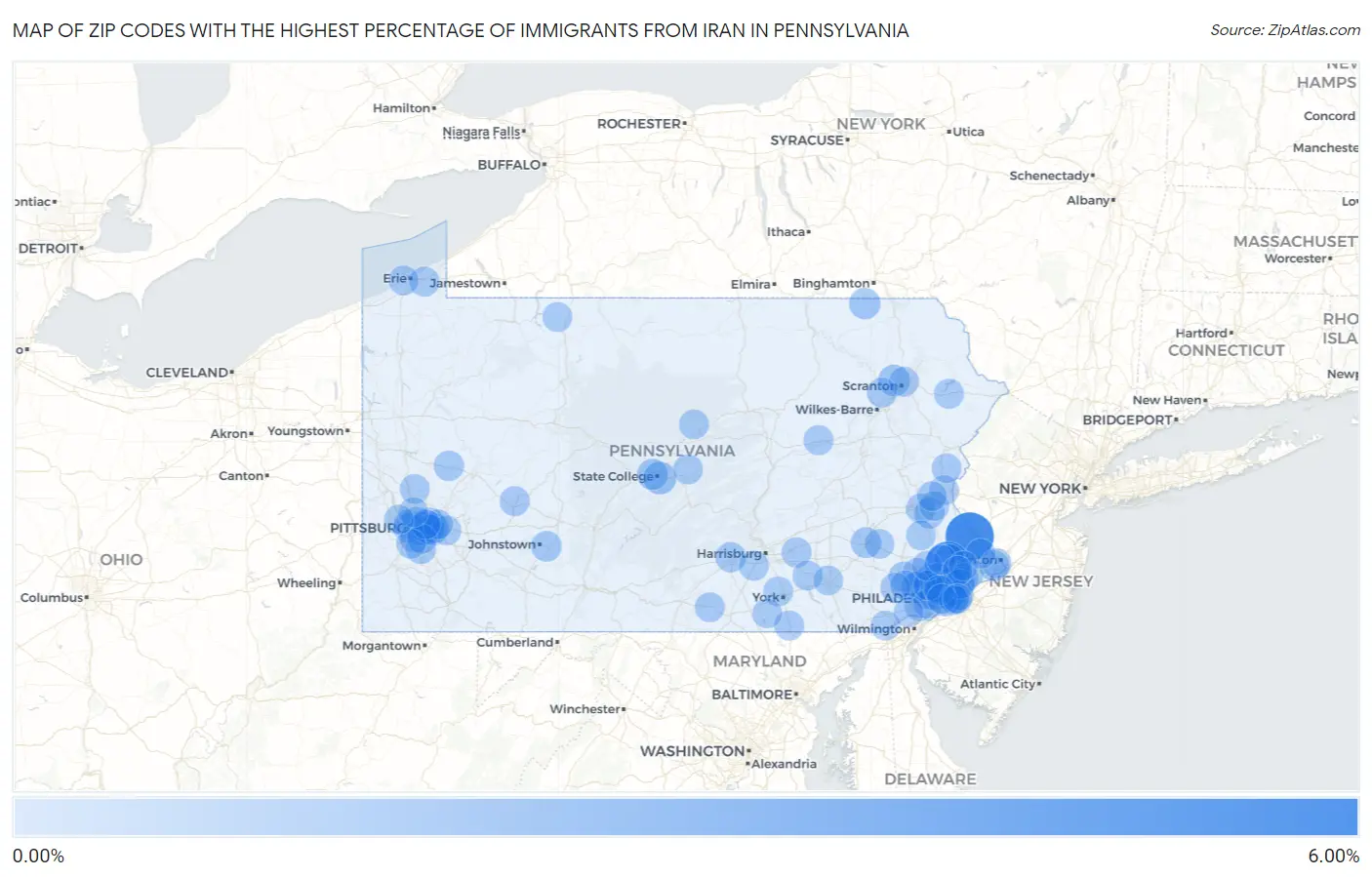 Zip Codes with the Highest Percentage of Immigrants from Iran in Pennsylvania Map